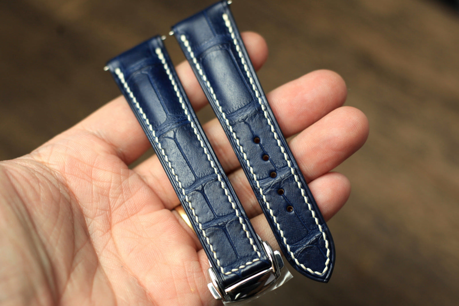 Blue alligator leather strap on an Omega Seamaster, handcrafted by AugLeather