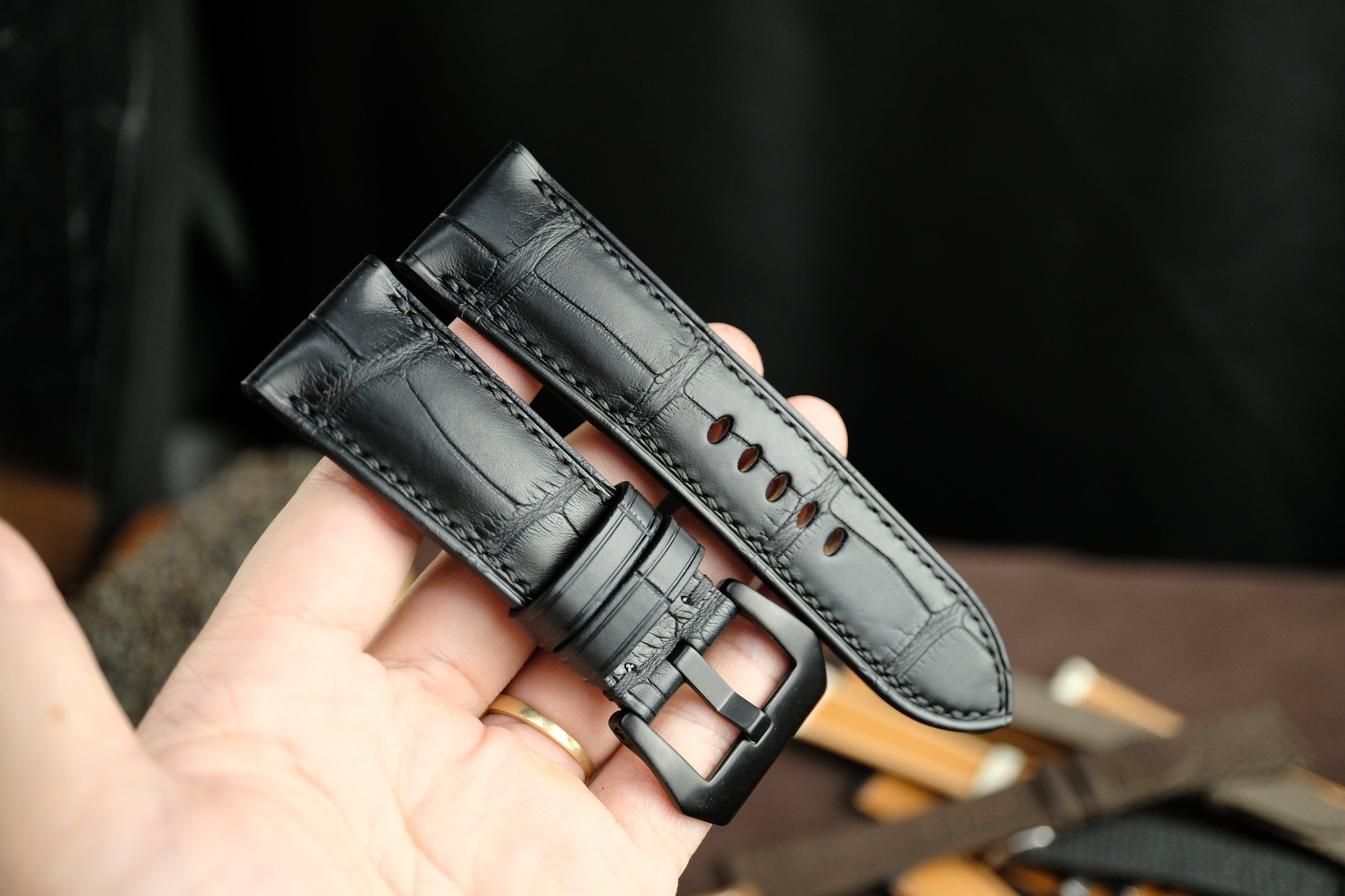 Black alligator leather strap on a Panerai Luminor, handcrafted by AugLeather