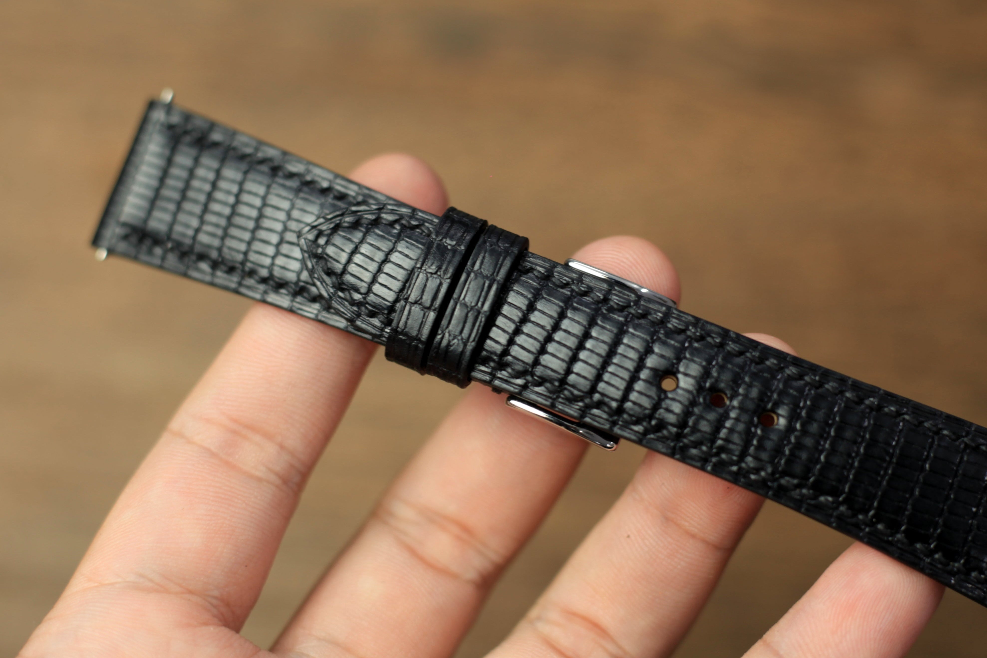 Black lizard leather watch strap, handcrafted by AugLeather