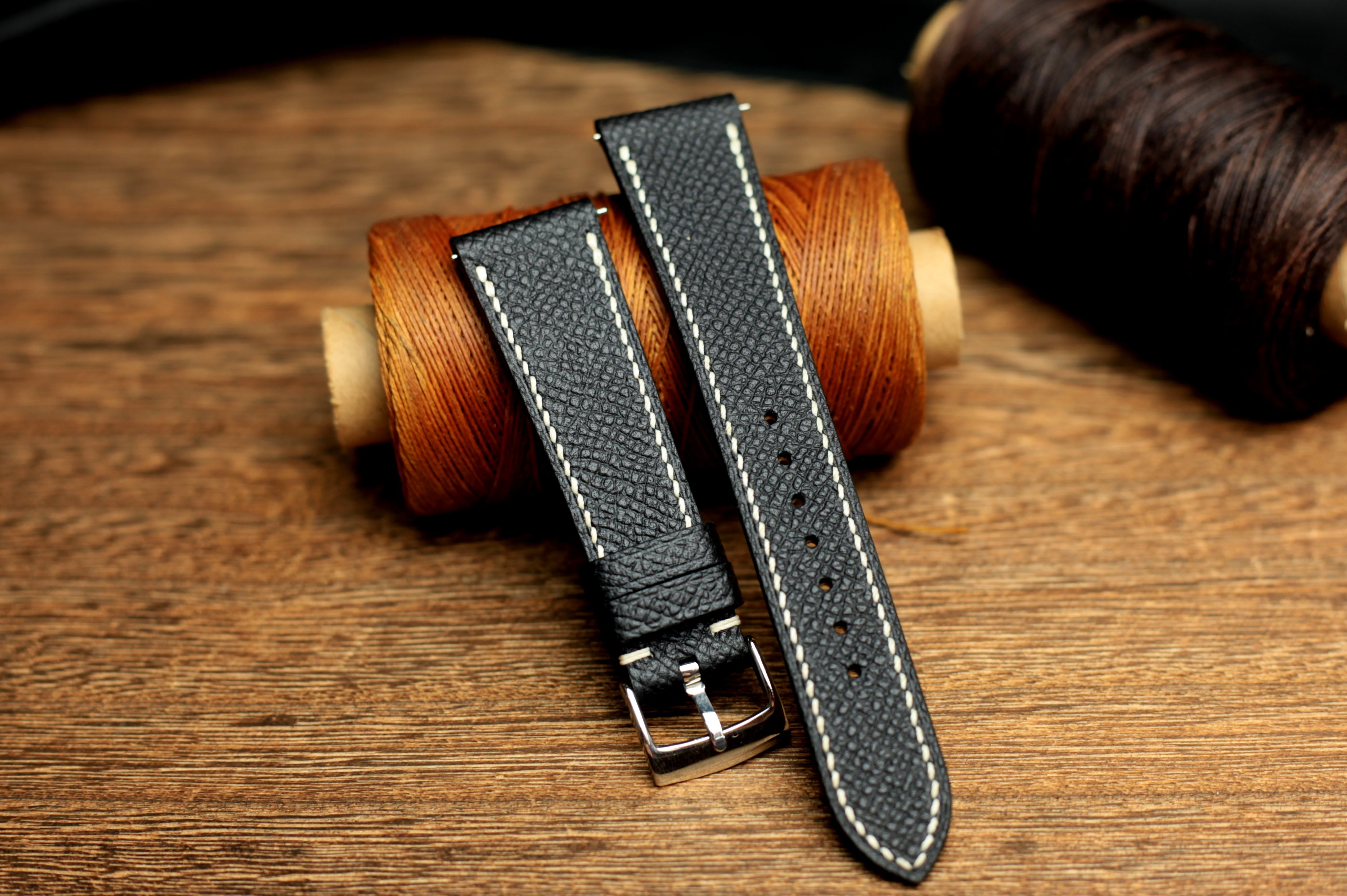 Black Epsom leather watch strap with structured cross-hatch grain