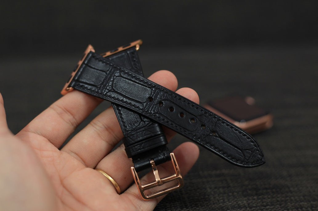 Black alligator leather Apple Watch strap, handcrafted by AugLeather