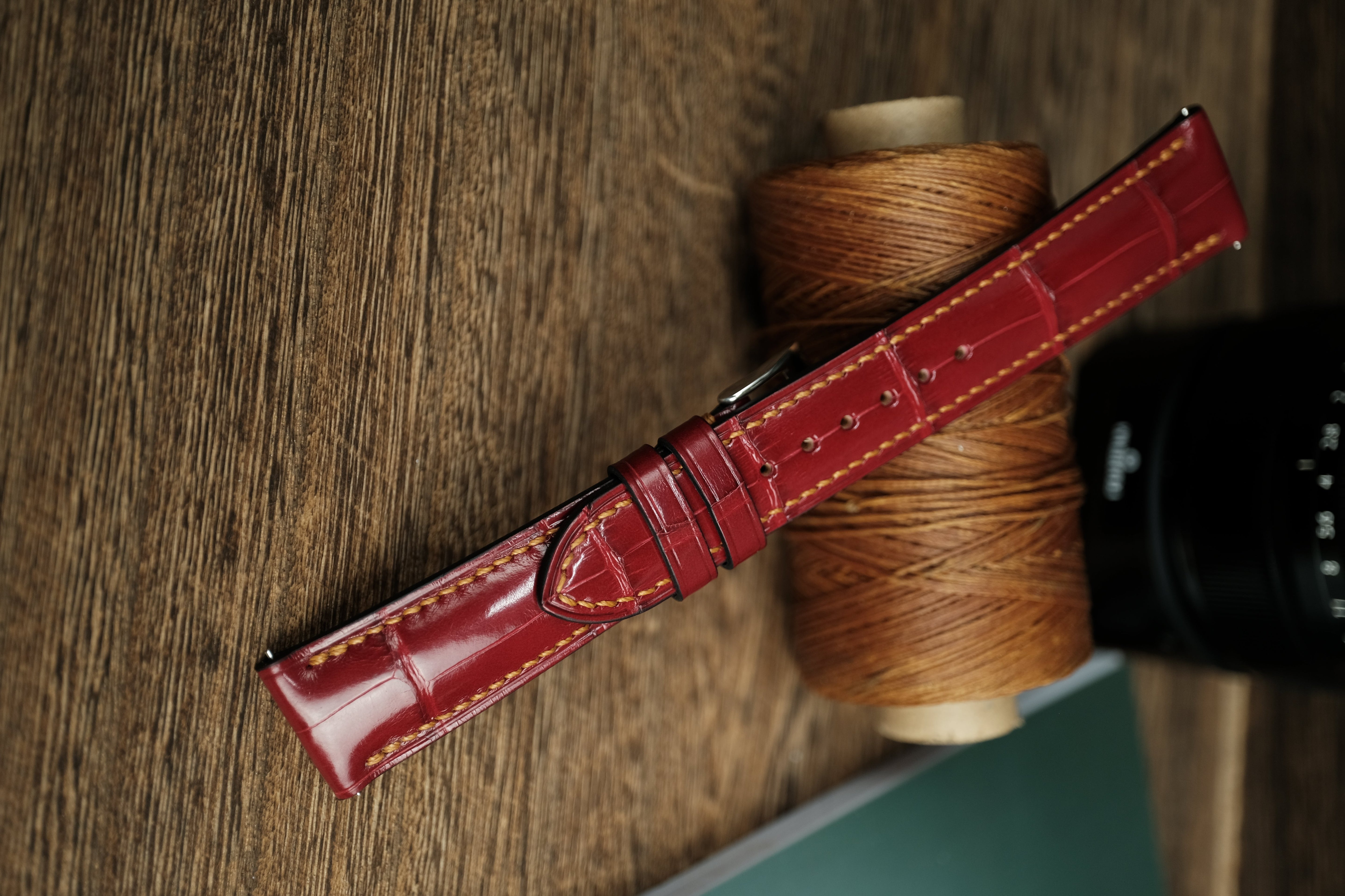 Genuine Glossy Dark Red Alligator Leather, Handmade Watch Strap.