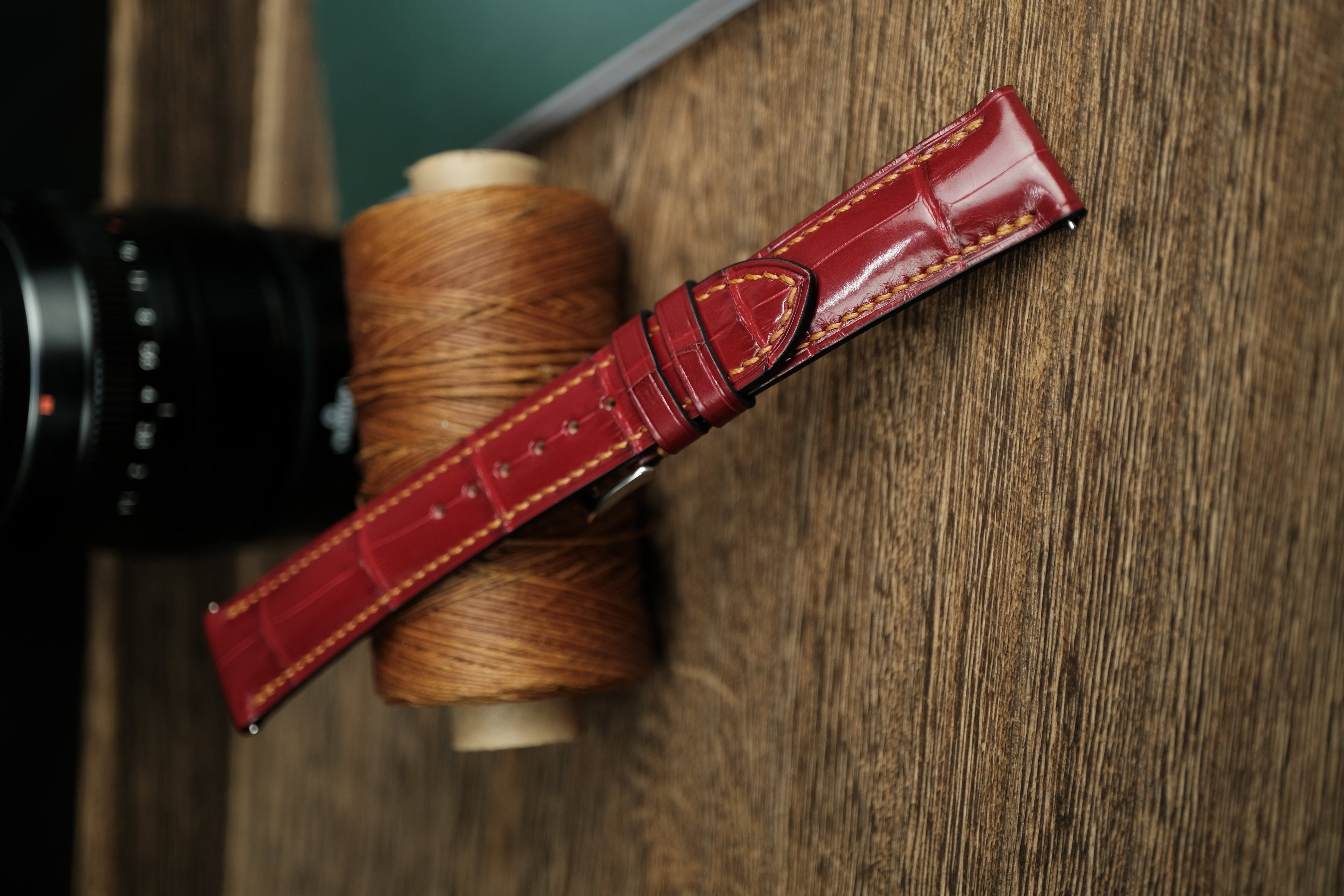 Genuine Glossy Dark Red Alligator Leather, Handmade Watch Strap.