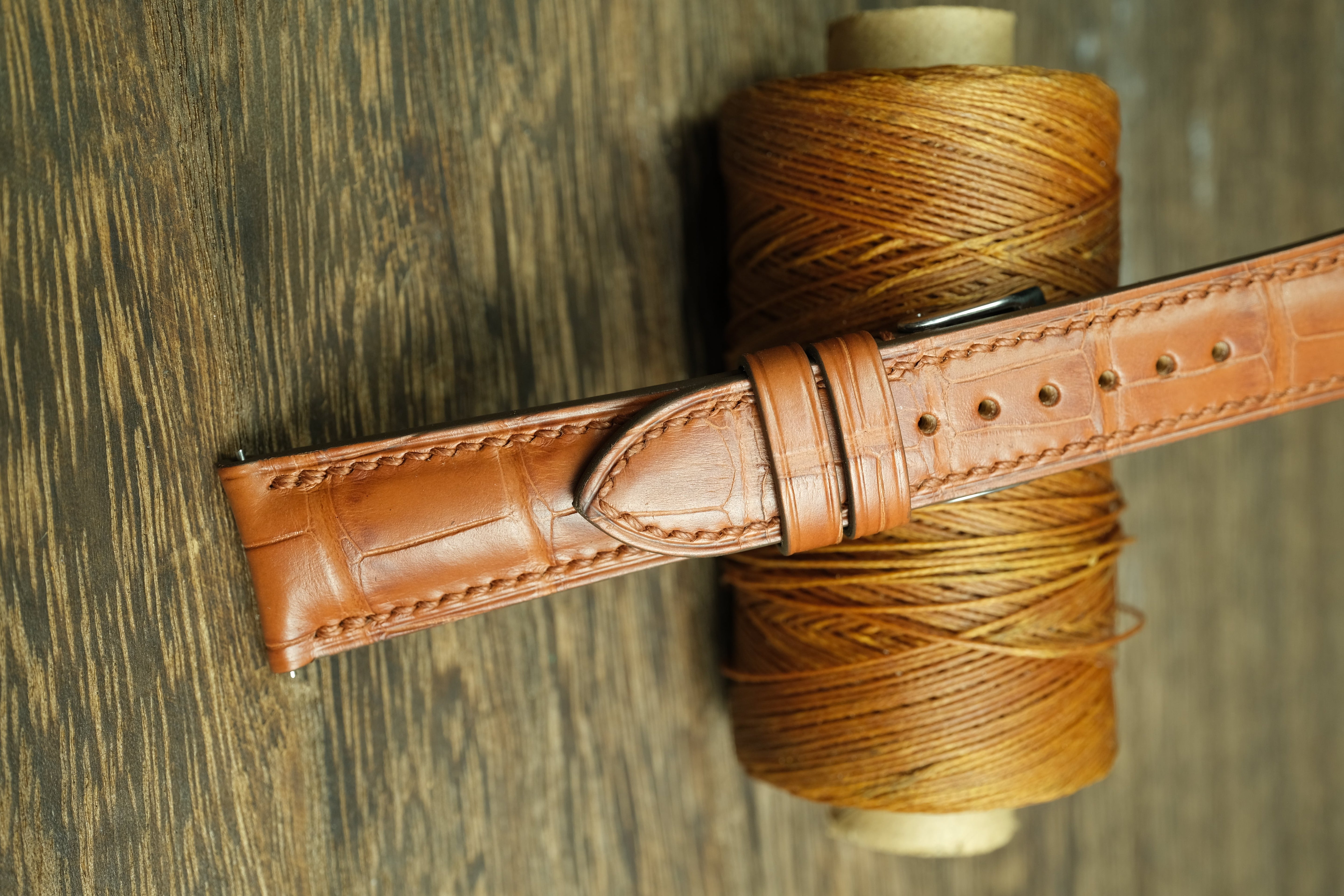 Genuine Cognac Brown Alligator Leather, Handmade Watch Strap