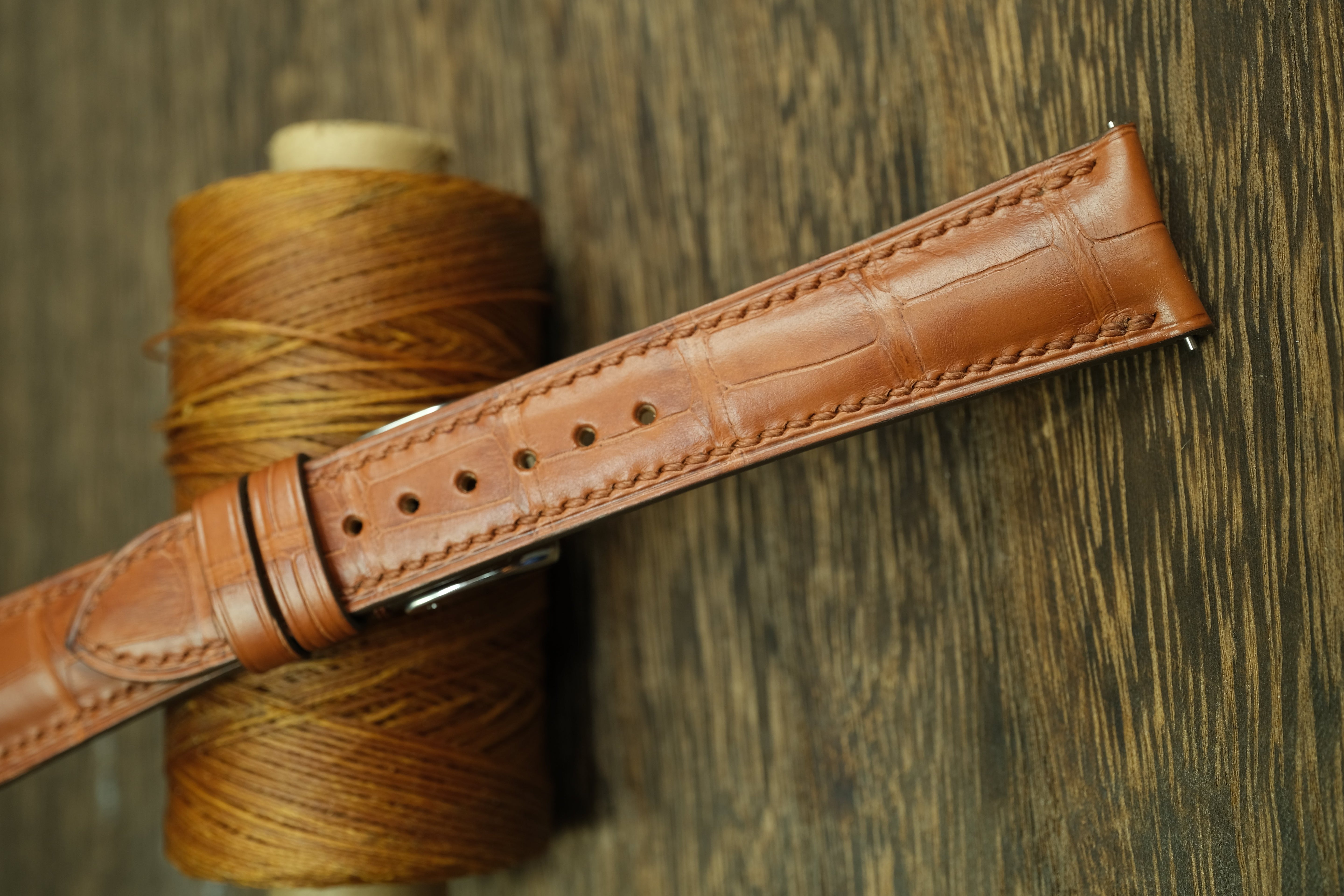 Genuine Cognac Brown Alligator Leather, Handmade Watch Strap