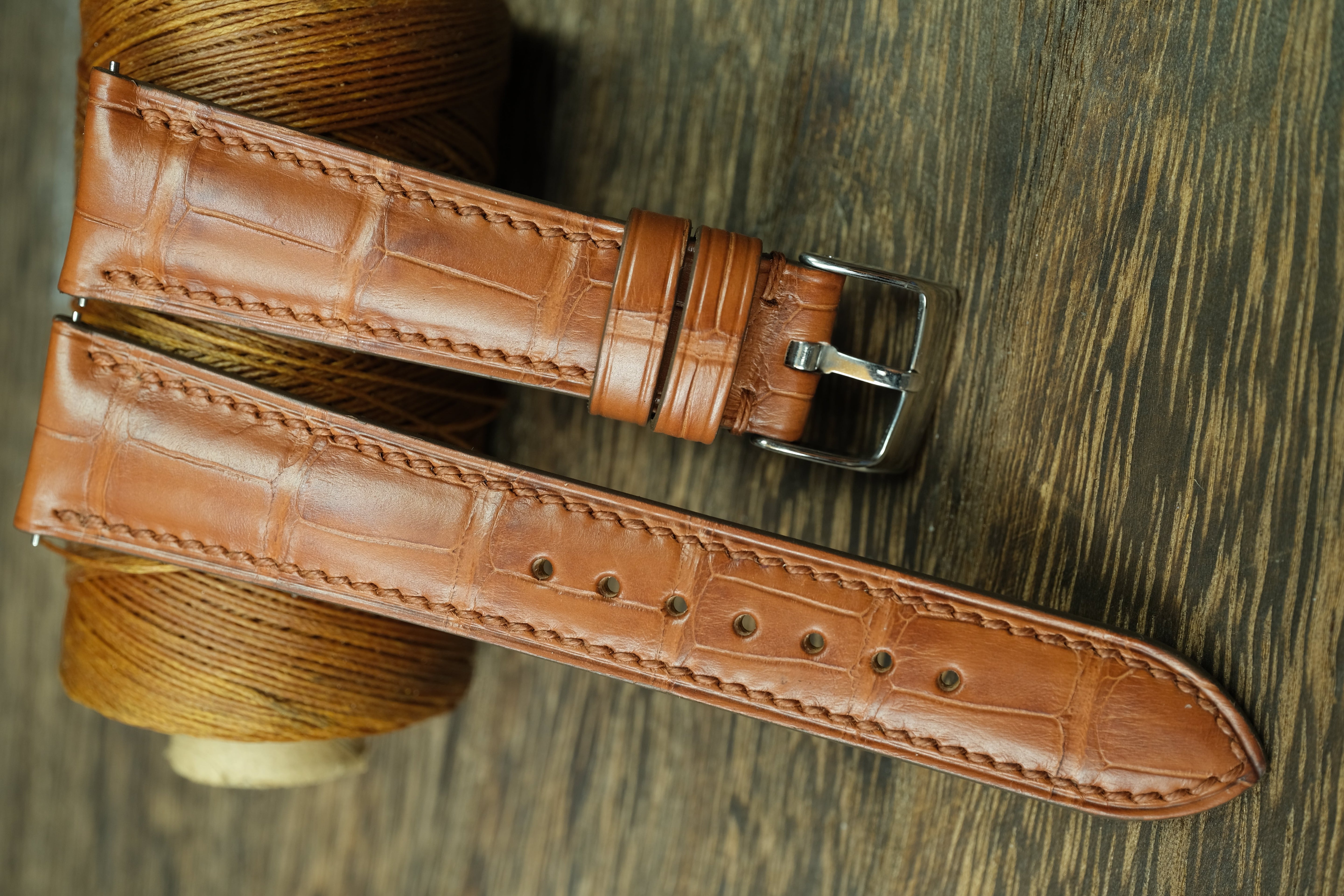Genuine Cognac Brown Alligator Leather, Handmade Watch Strap