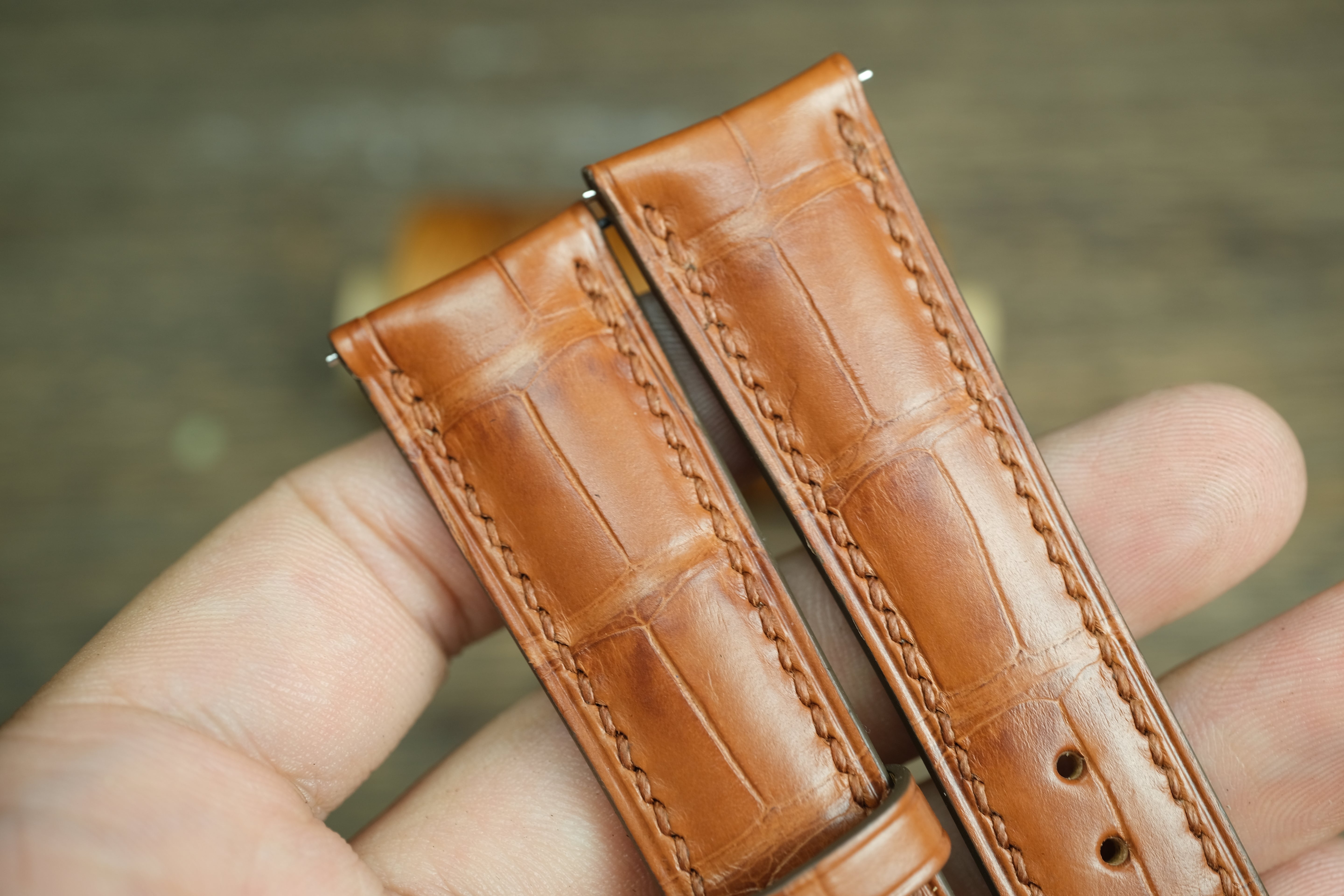 Genuine Cognac Brown Alligator Leather, Handmade Watch Strap