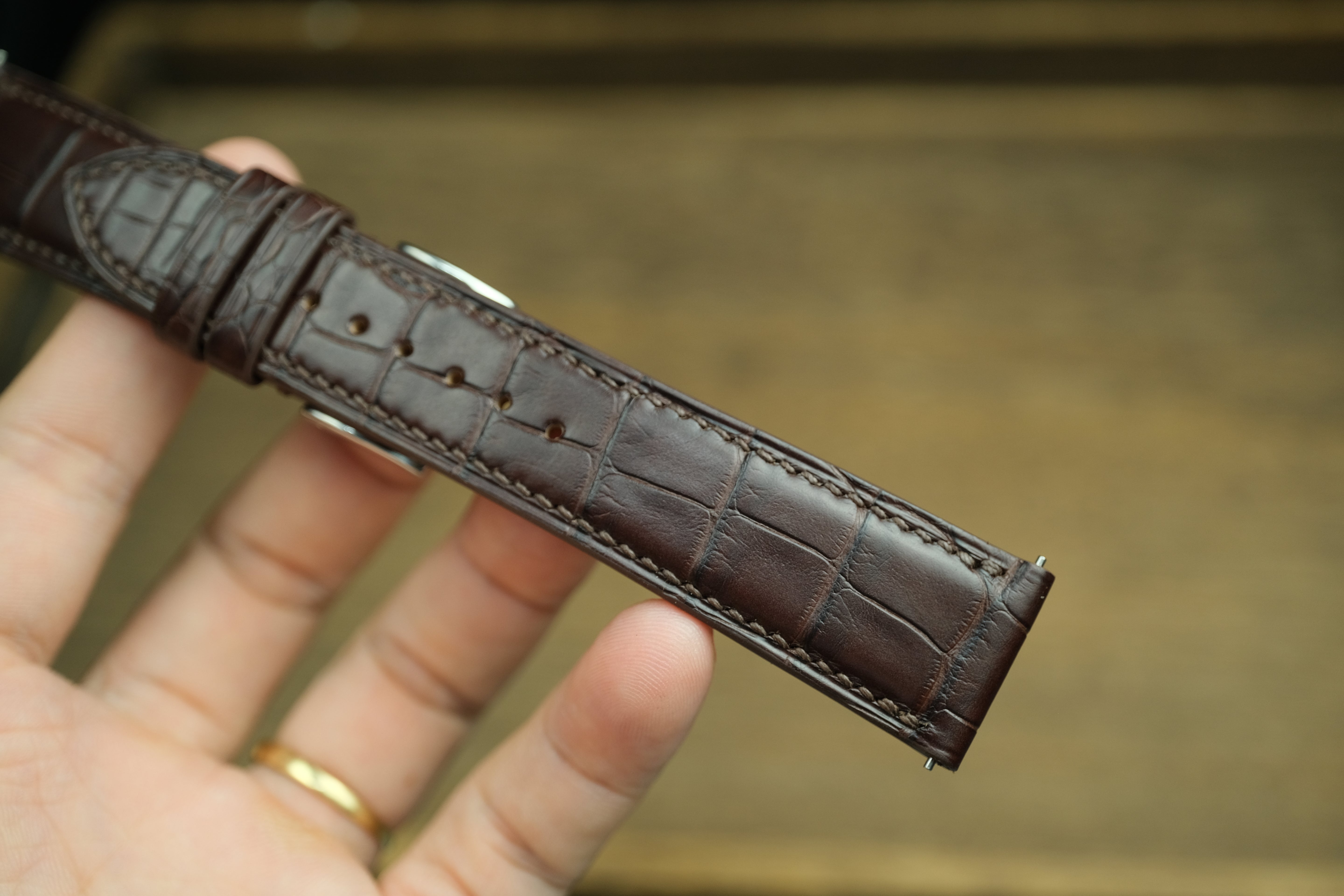 Genuine Darkbrown Alligator Leather, Handmade Watch Strap