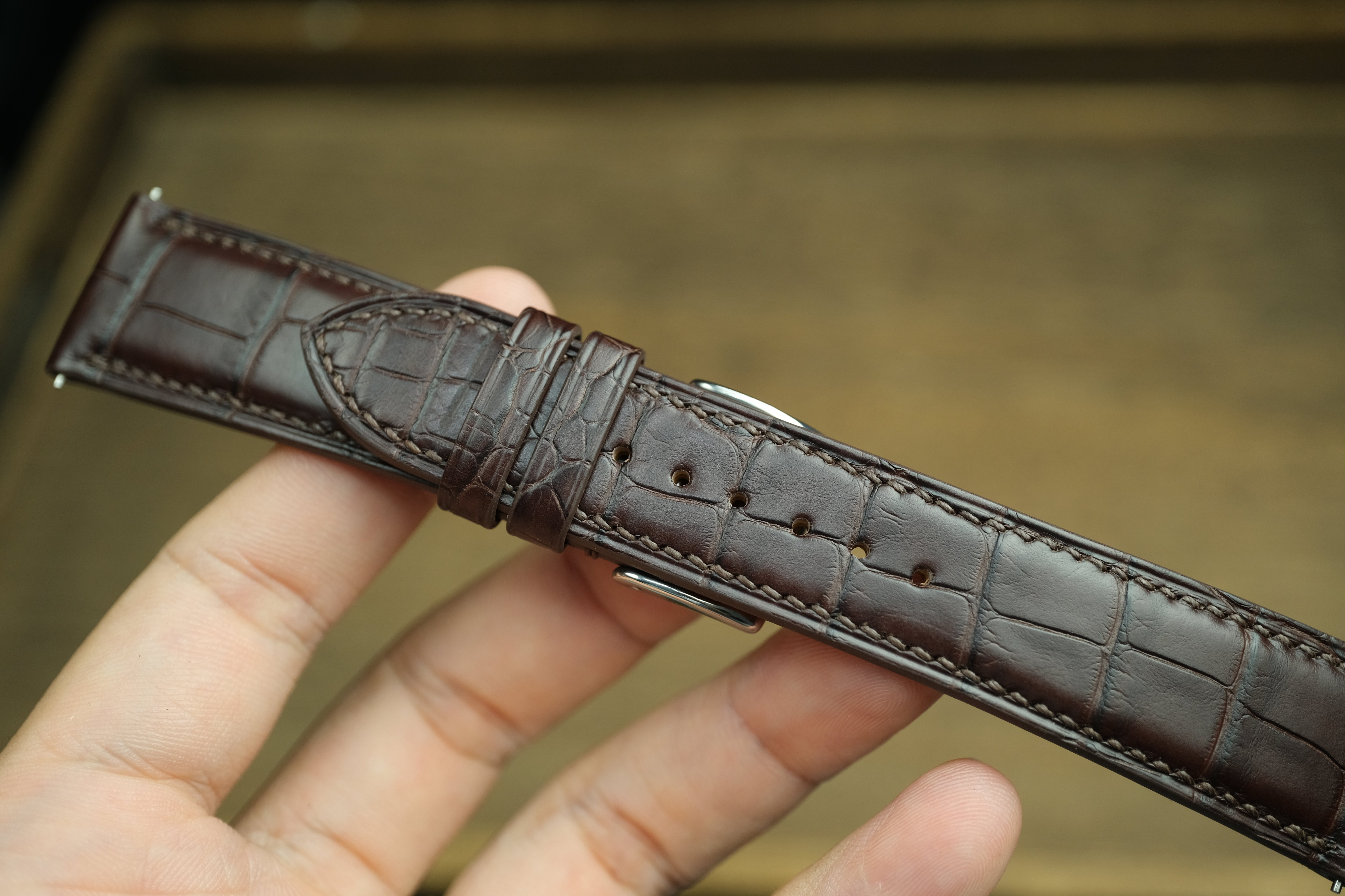 Genuine Darkbrown Alligator Leather, Handmade Watch Strap