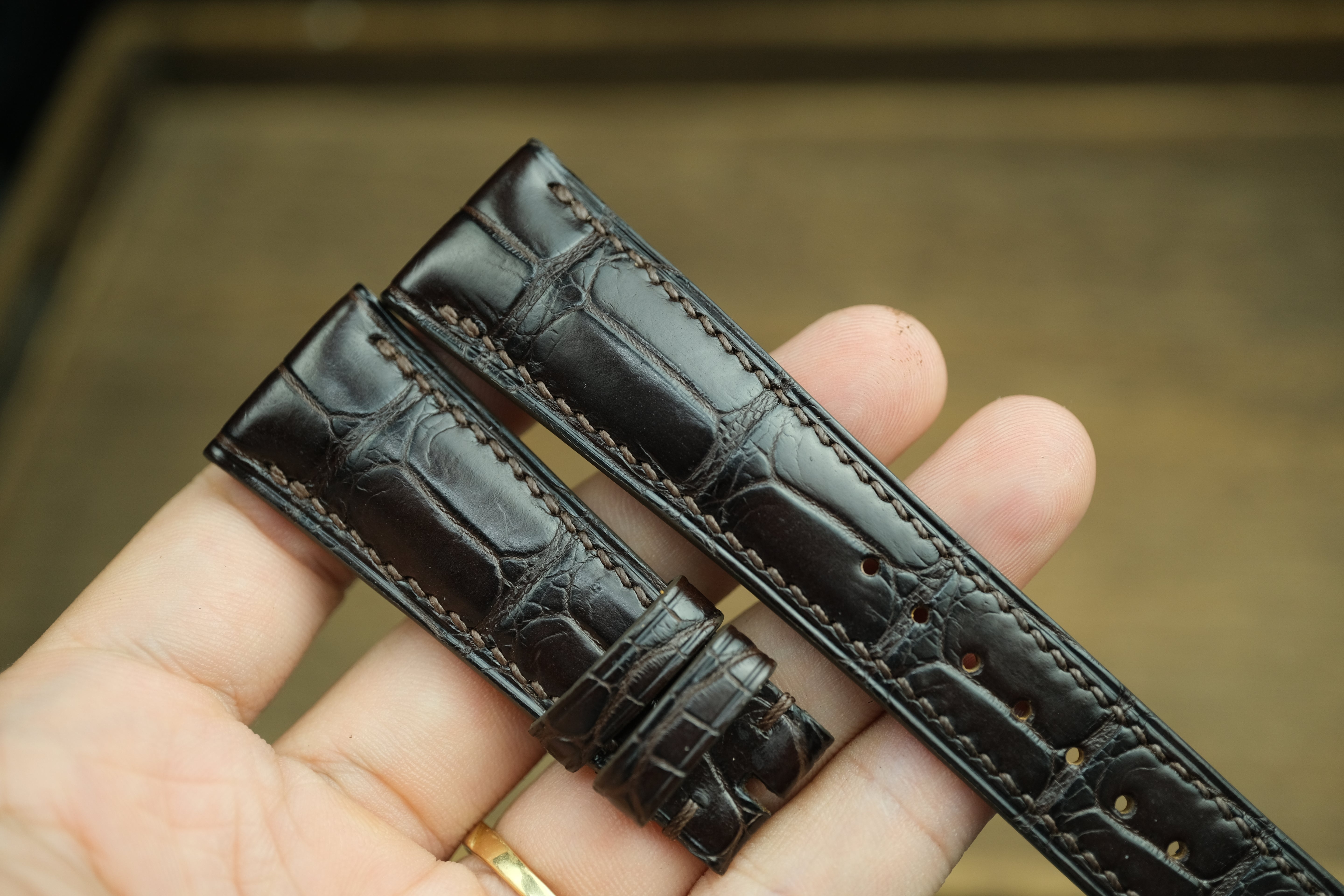 Genuine Dark Chocolate Brown Alligator Leather, Handmade Watch Strap