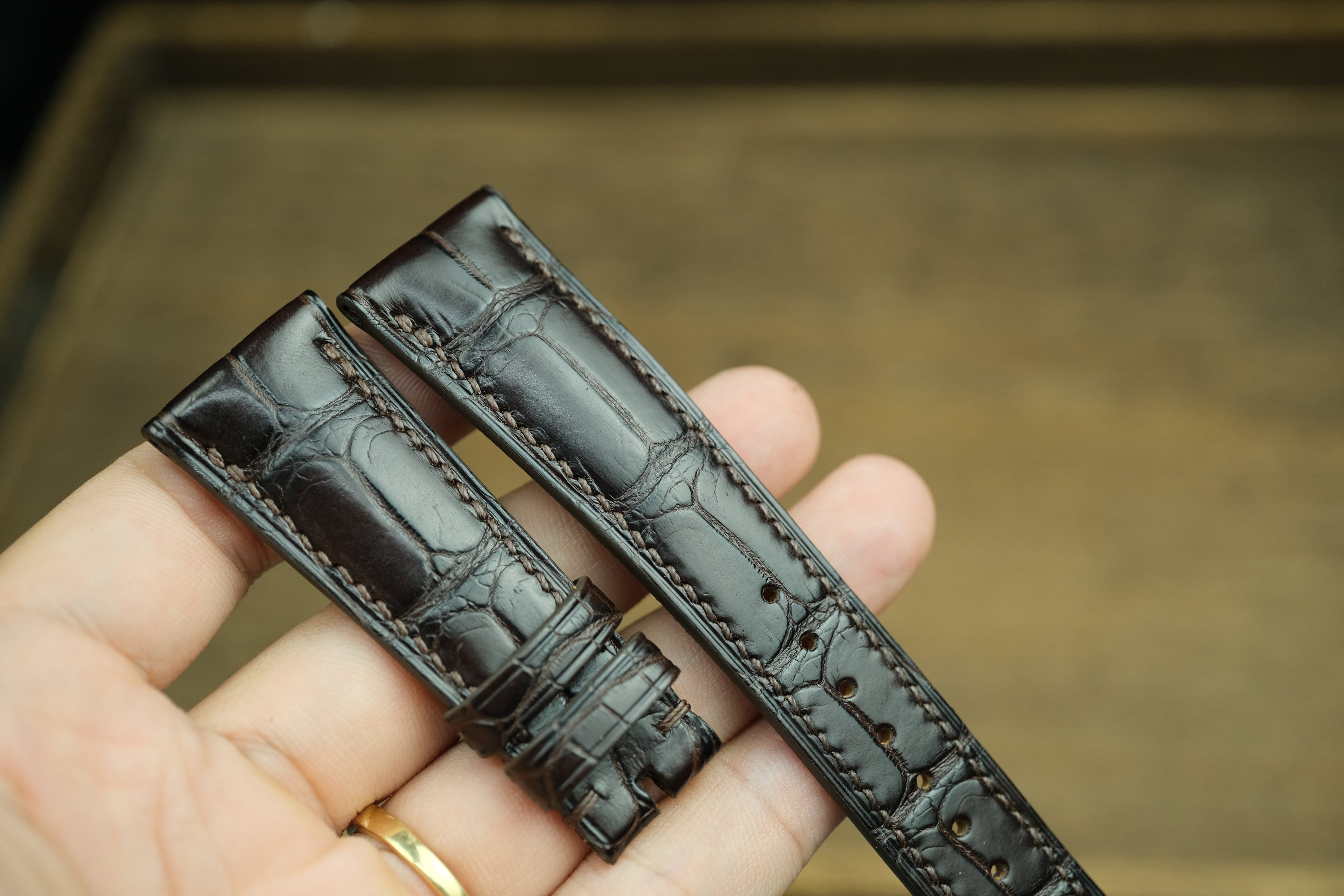 Genuine Dark Chocolate Brown Alligator Leather, Handmade Watch Strap