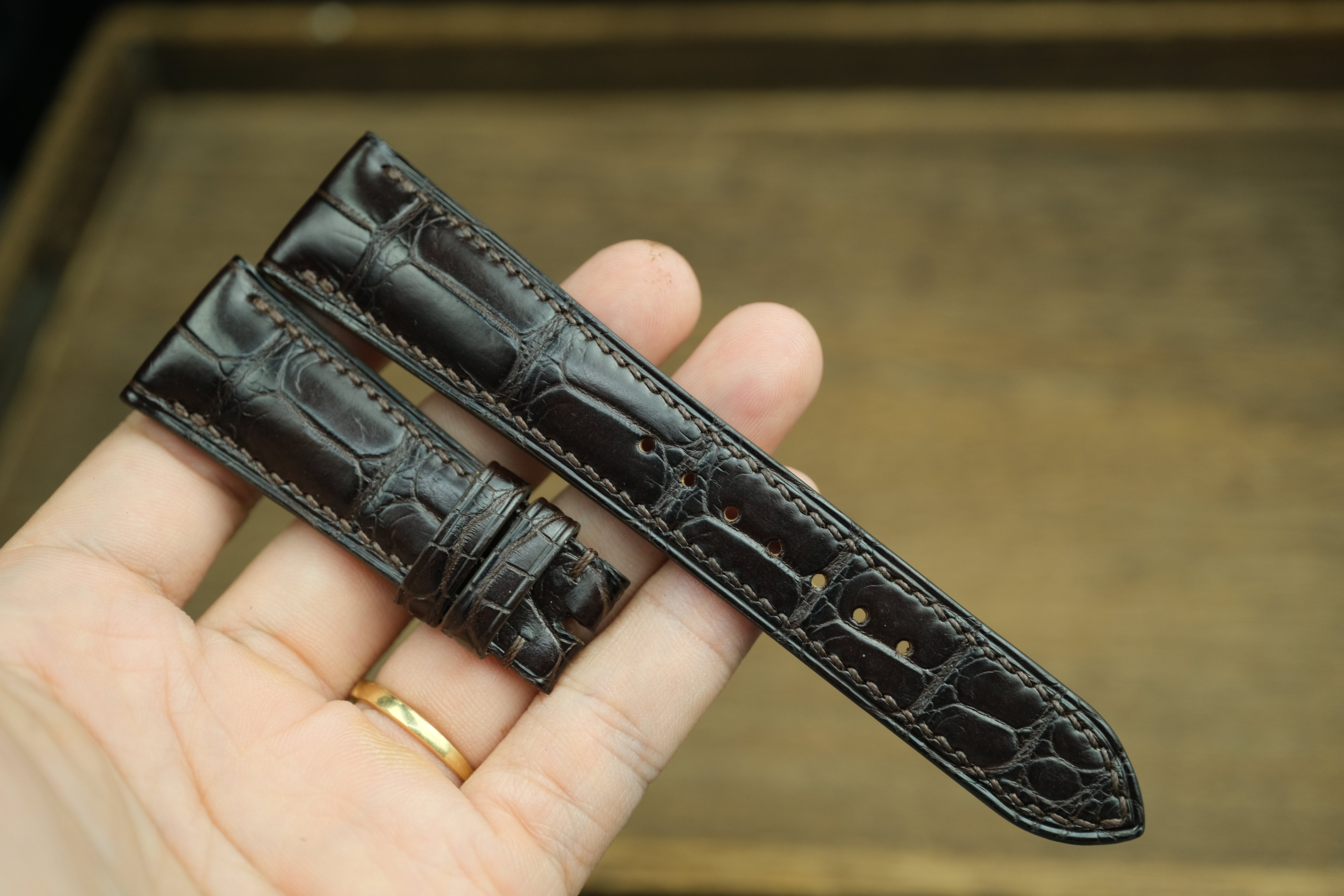 Genuine Dark Chocolate Brown Alligator Leather, Handmade Watch Strap
