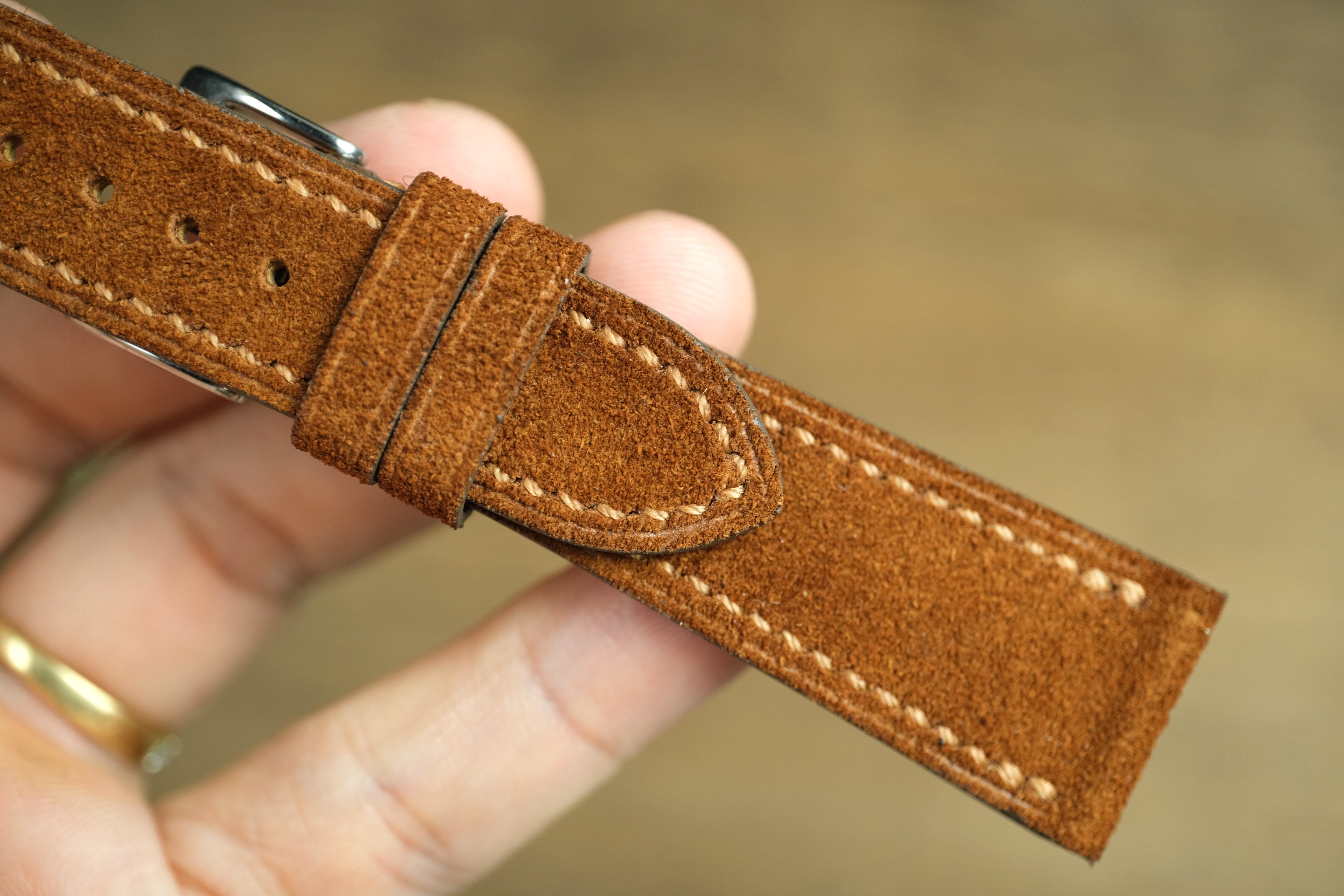 Brown Suede Leather Watch Strap, Side Stitch