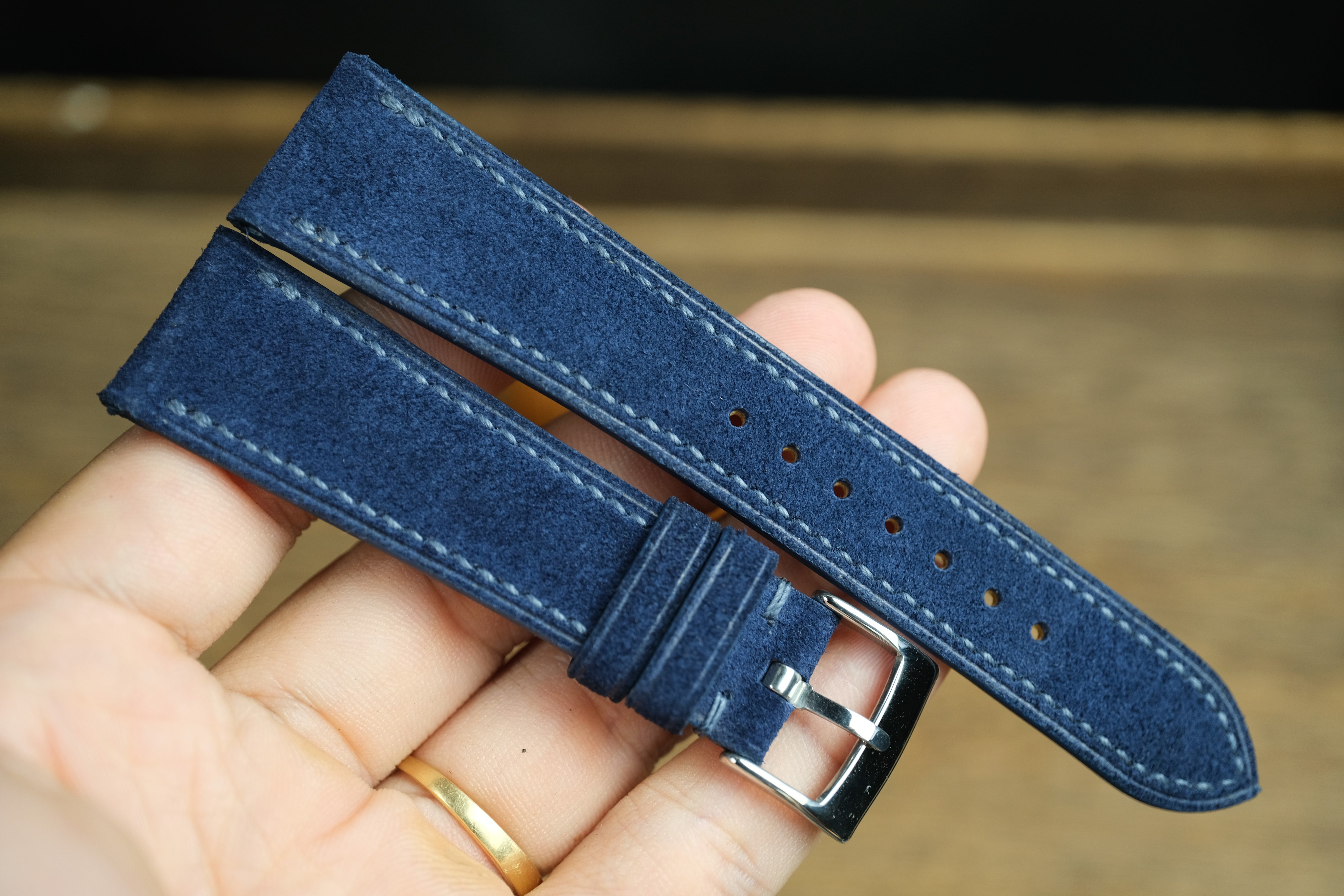 Blue Suede Leather Watch Strap, Side Stitch