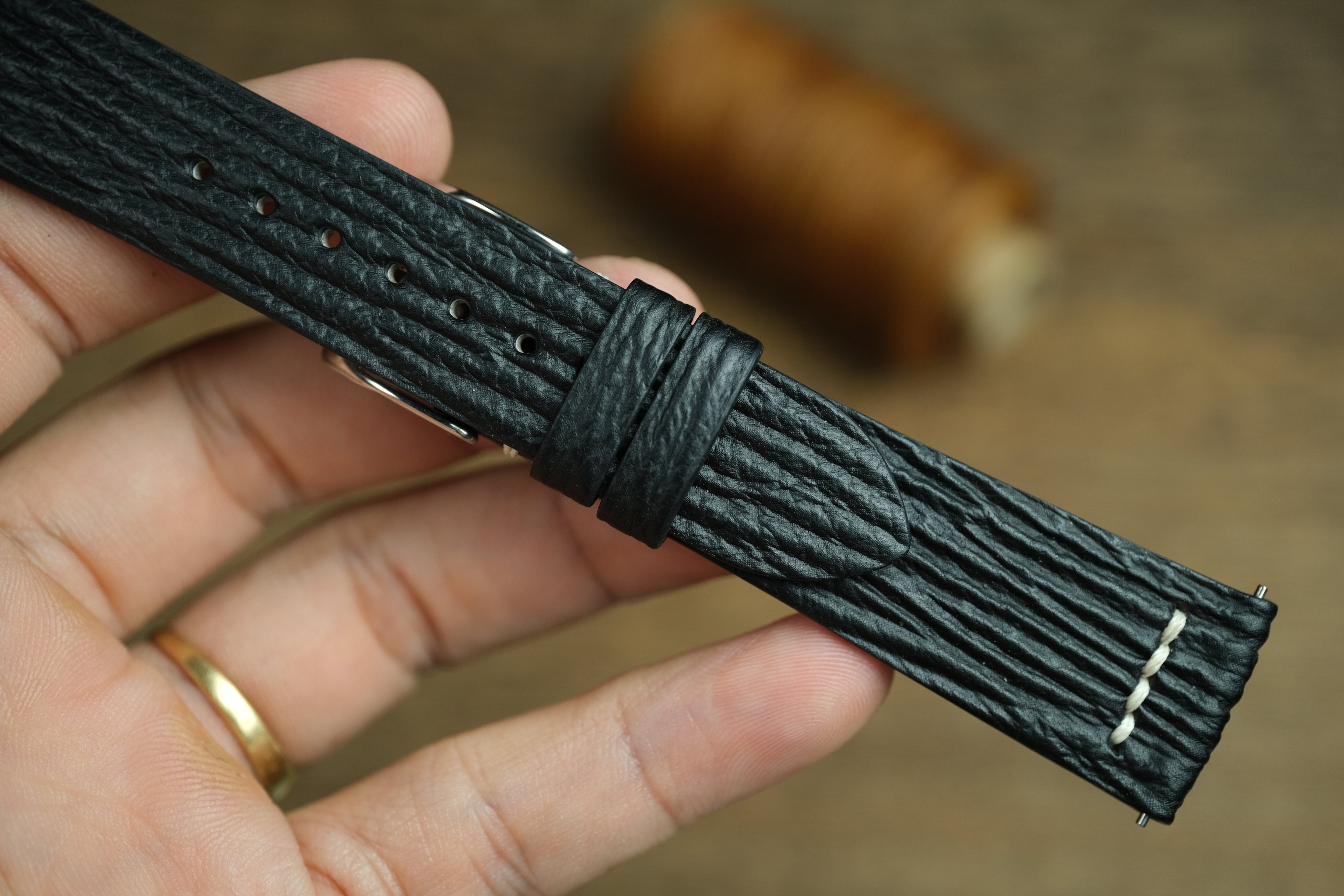 Black Shark Leather Watch Strap, Row-Stitch