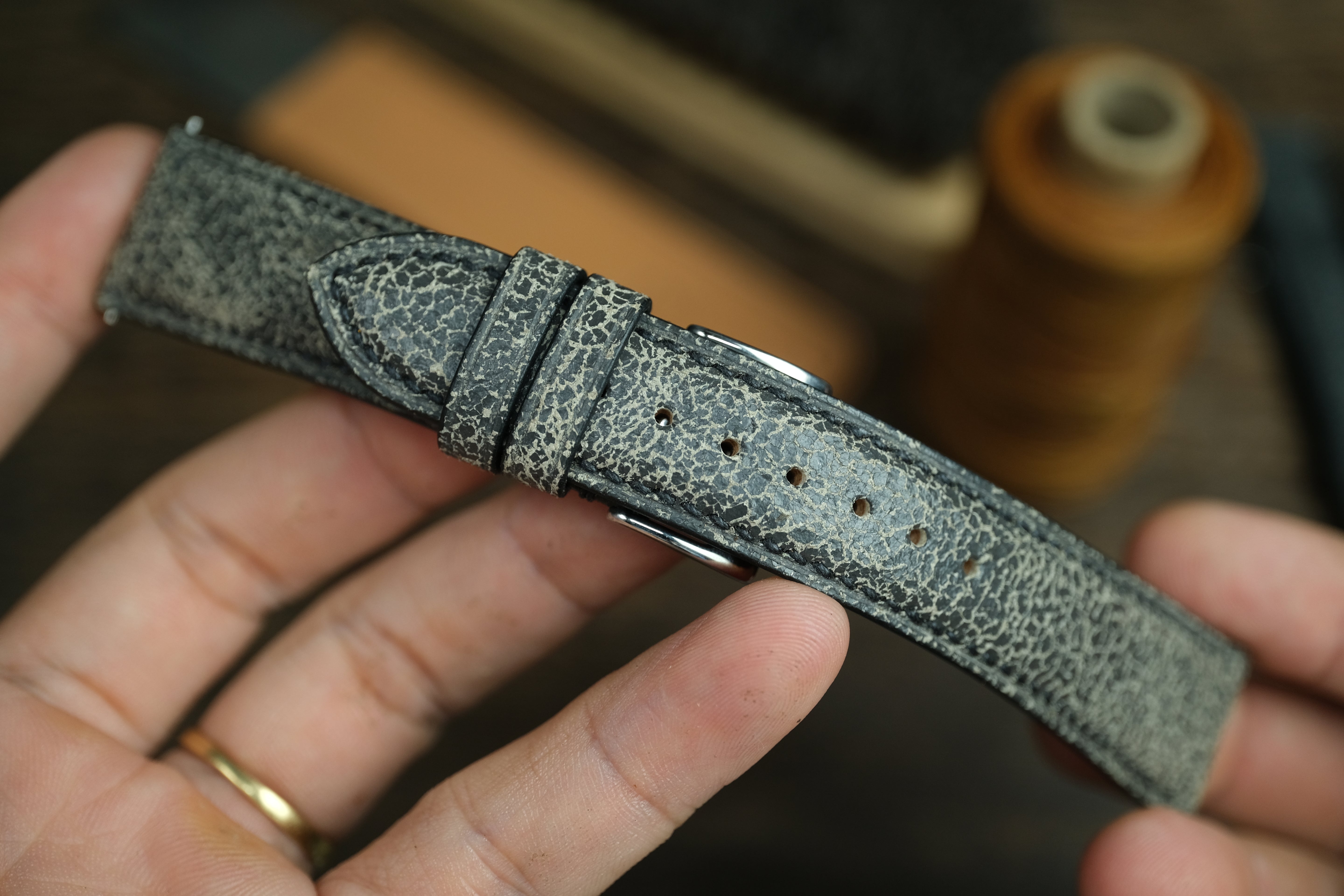 Black/Grey Distressed Leather Watch Strap