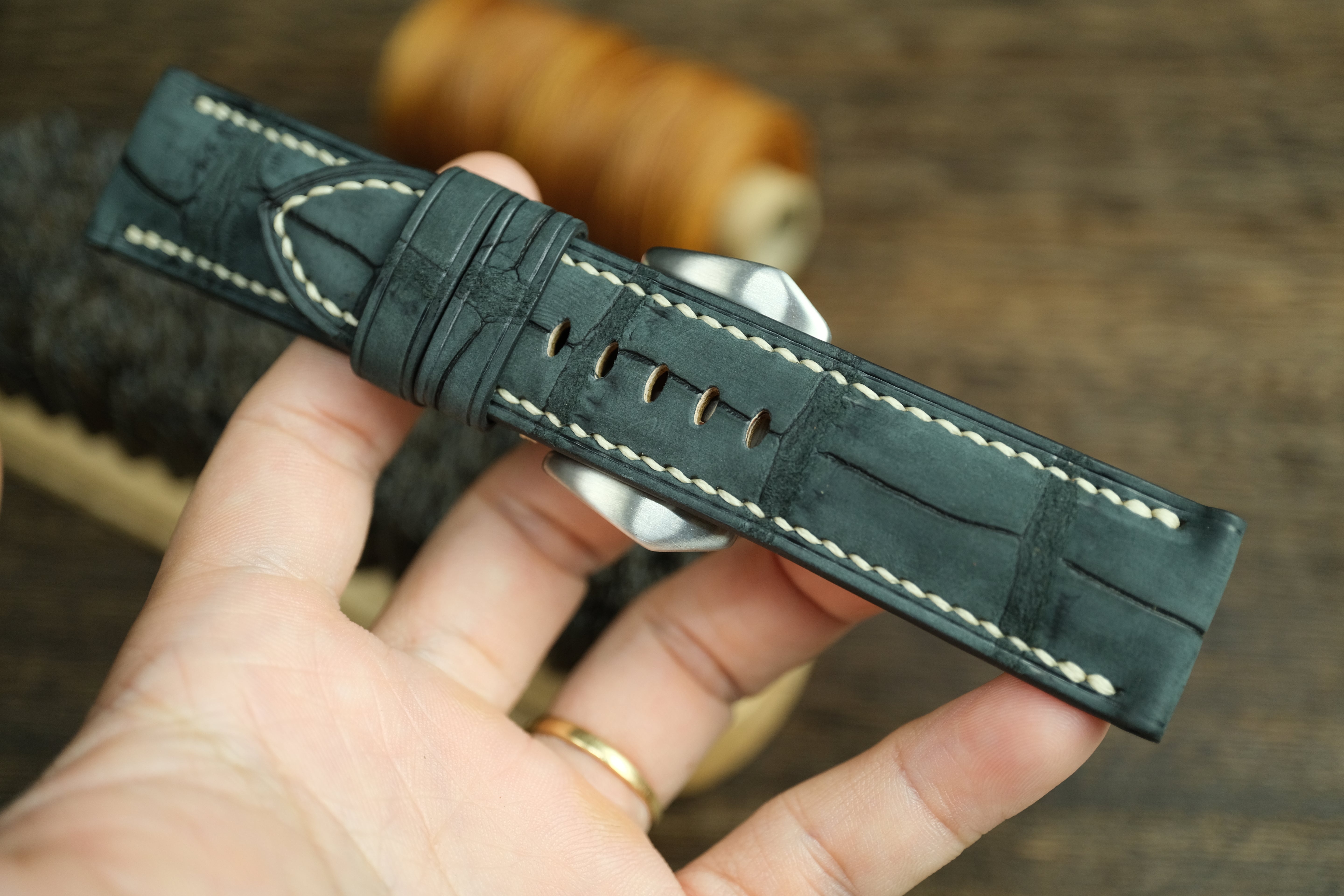 Panerai Watch Strap, Genuine Nubuck Black Alligator Leather