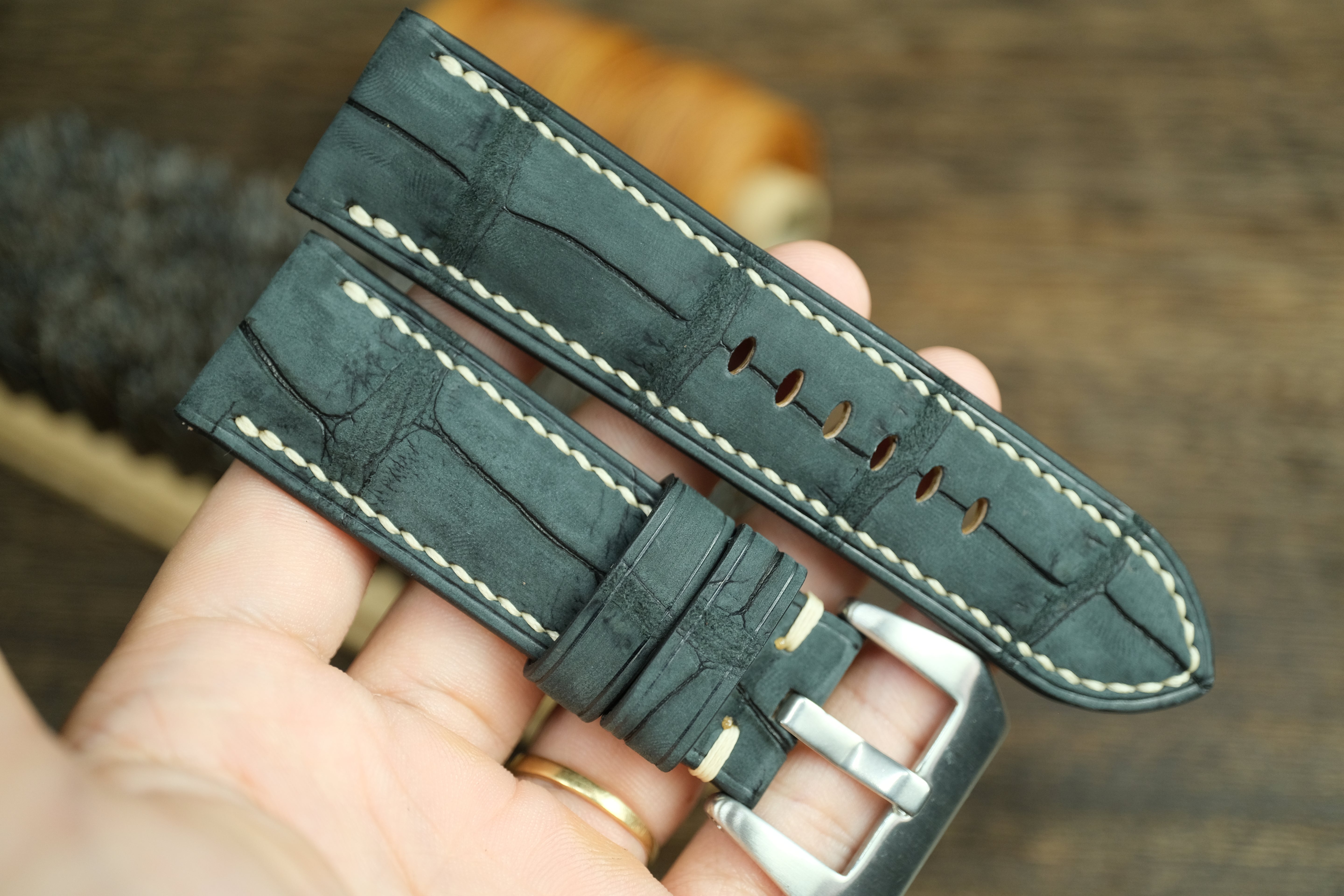 Panerai Watch Strap, Genuine Nubuck Black Alligator Leather