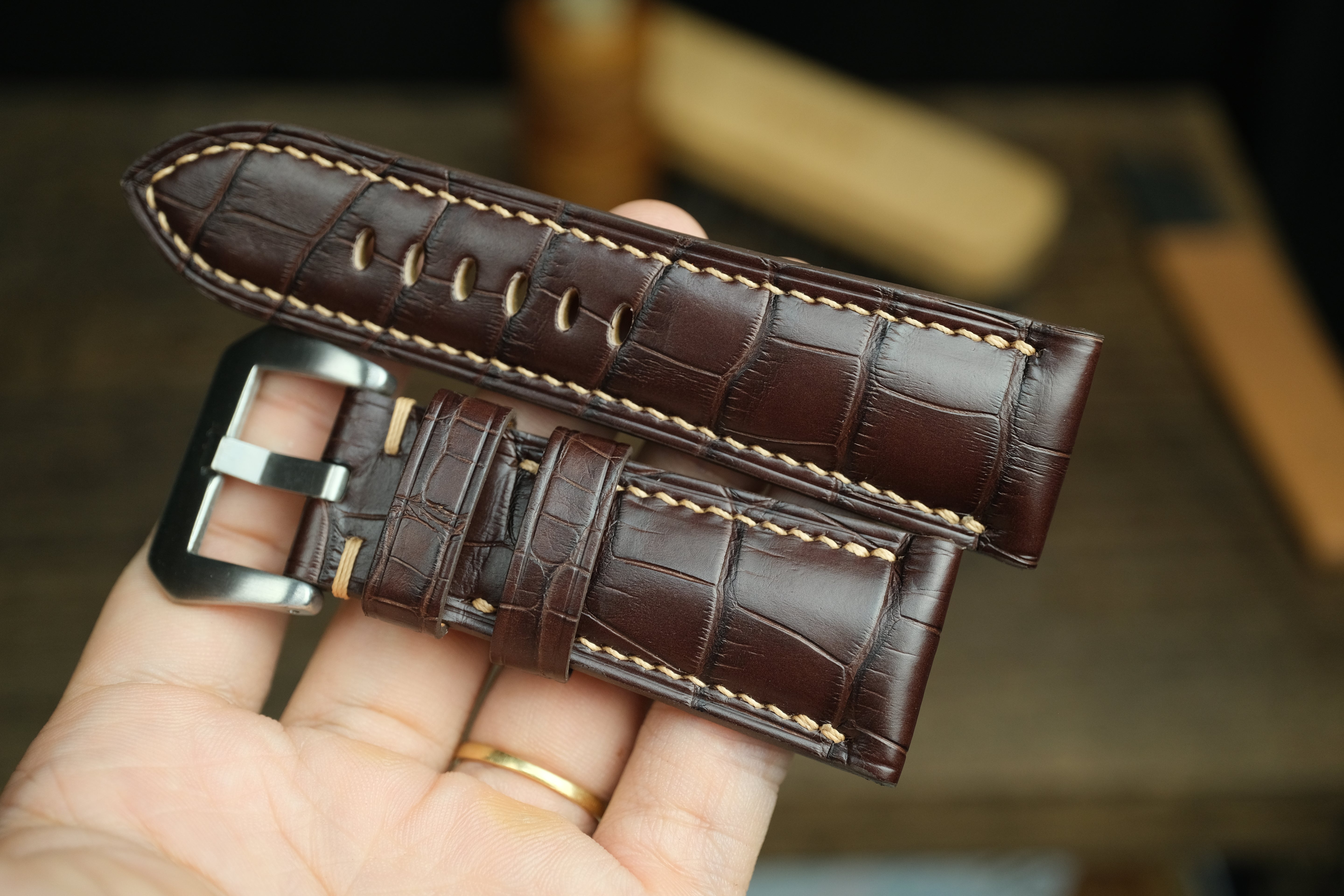 Panerai Watch Strap, Handmade Genuine Darkbrown Alligator Leather.