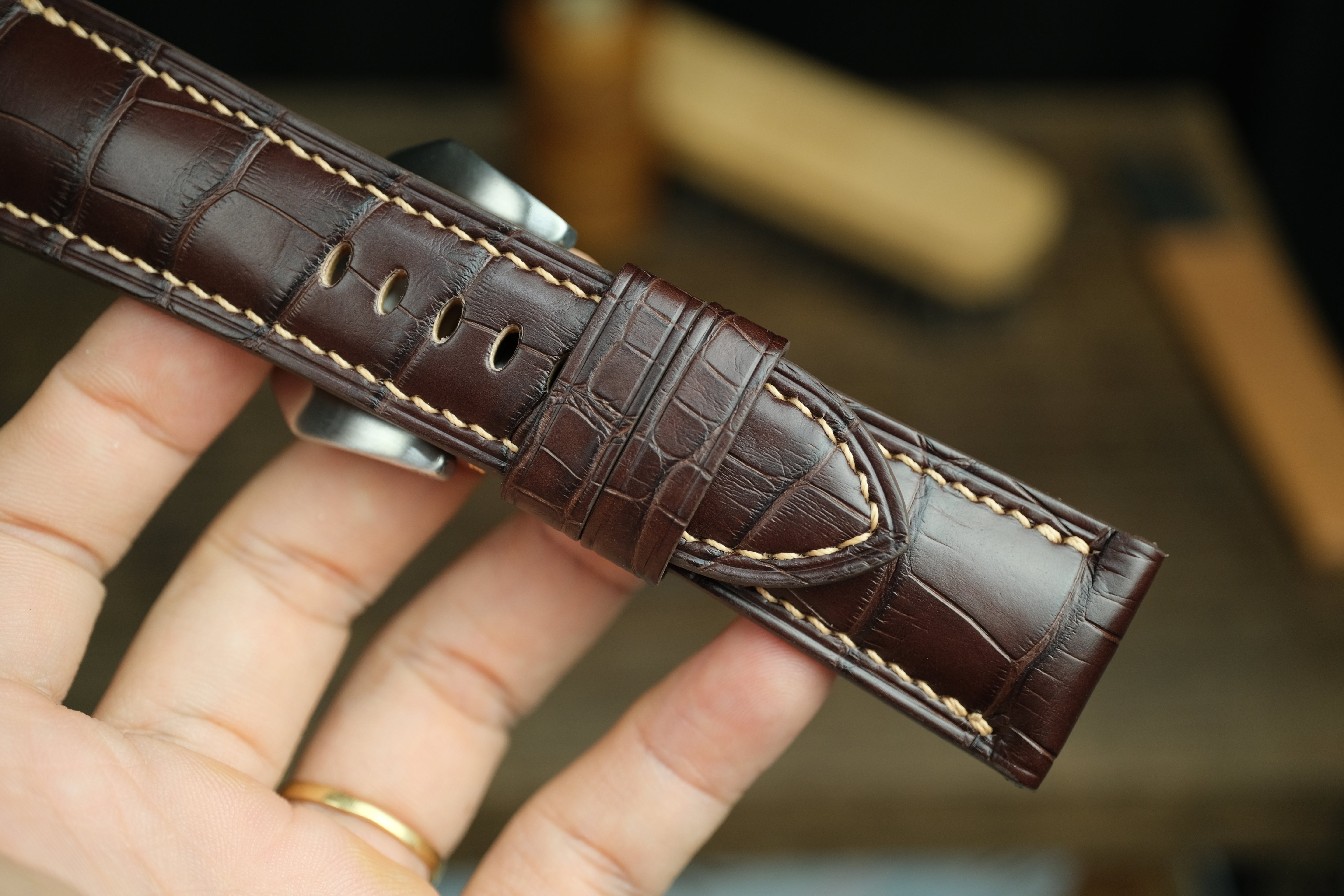 Panerai Watch Strap, Handmade Genuine Darkbrown Alligator Leather.