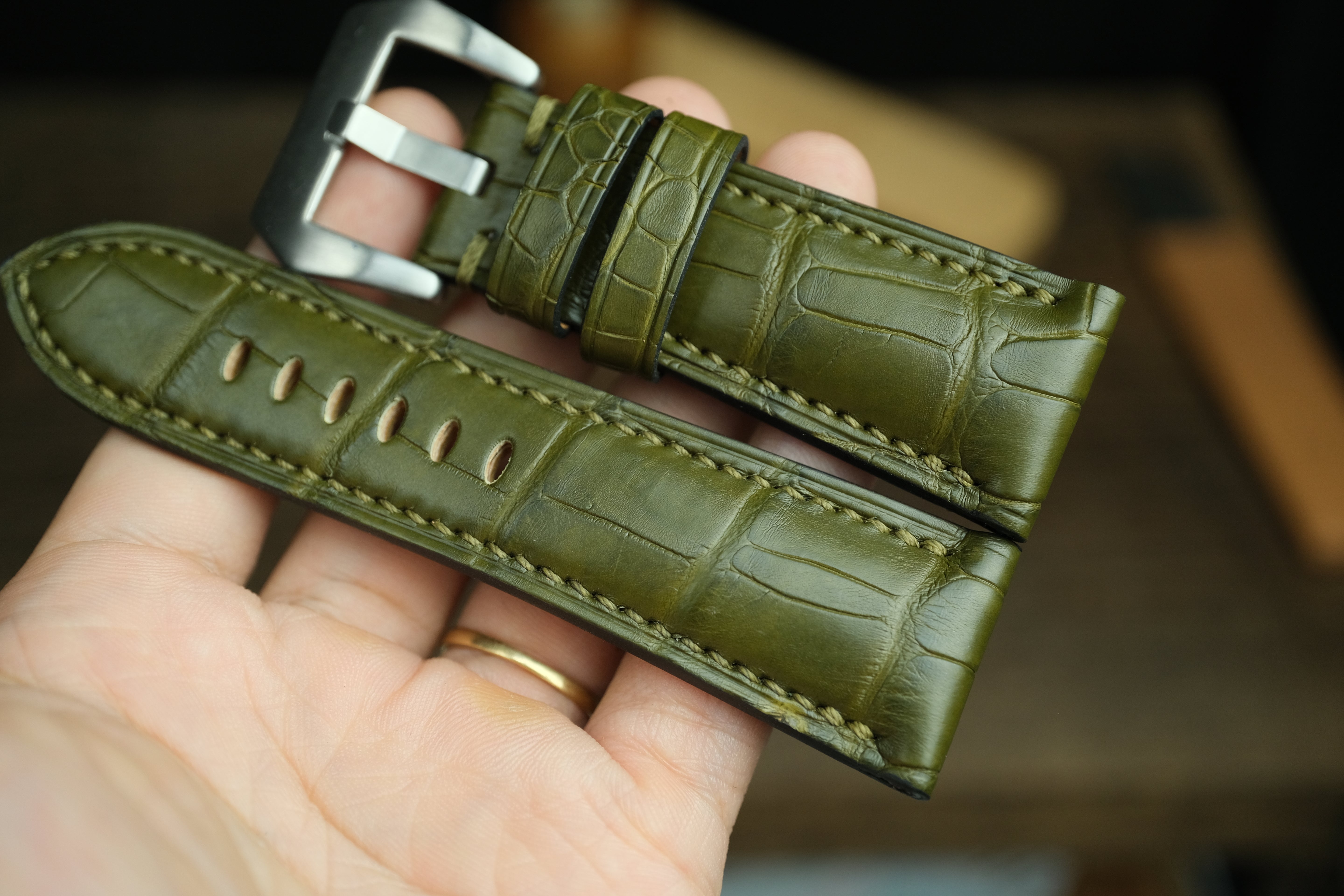 Panerai Watch Strap, Handmade Genuine Olive Green Alligator Leather