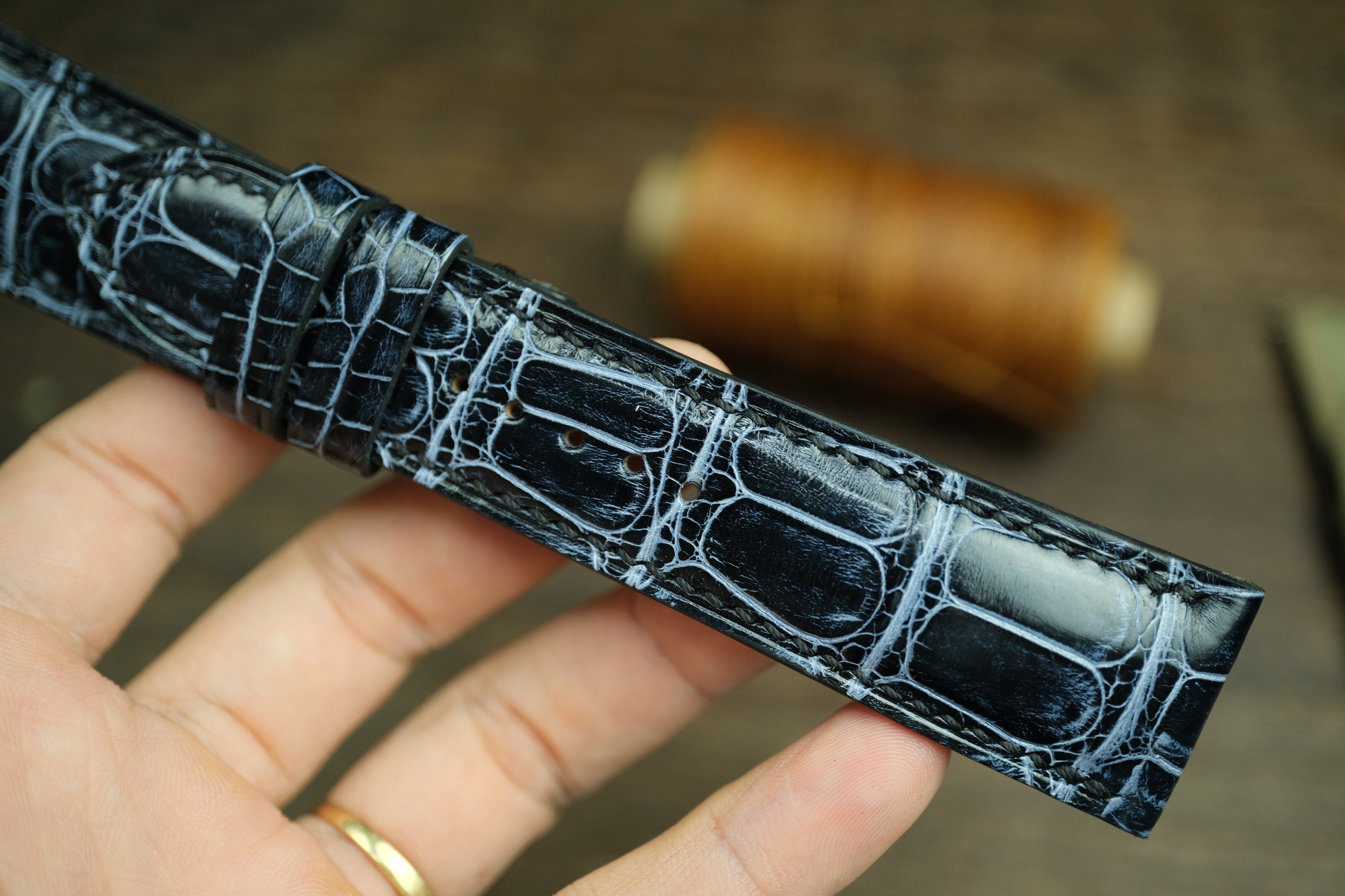 Panerai Watch Strap, Handmade Genuine Black/Grey Alligator Leather