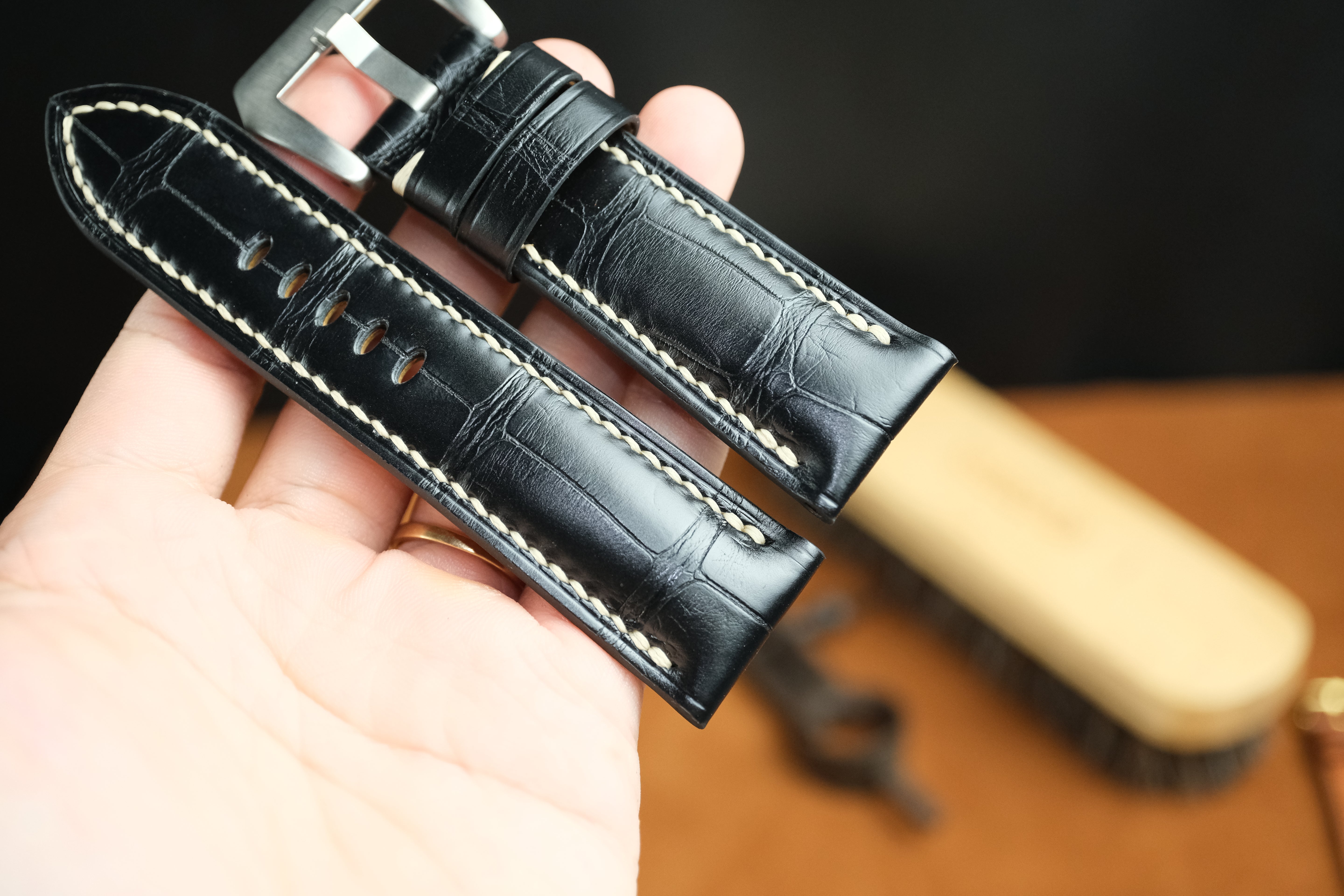 Panerai Watch Strap, Handmade Genuine Alligator Black Leather