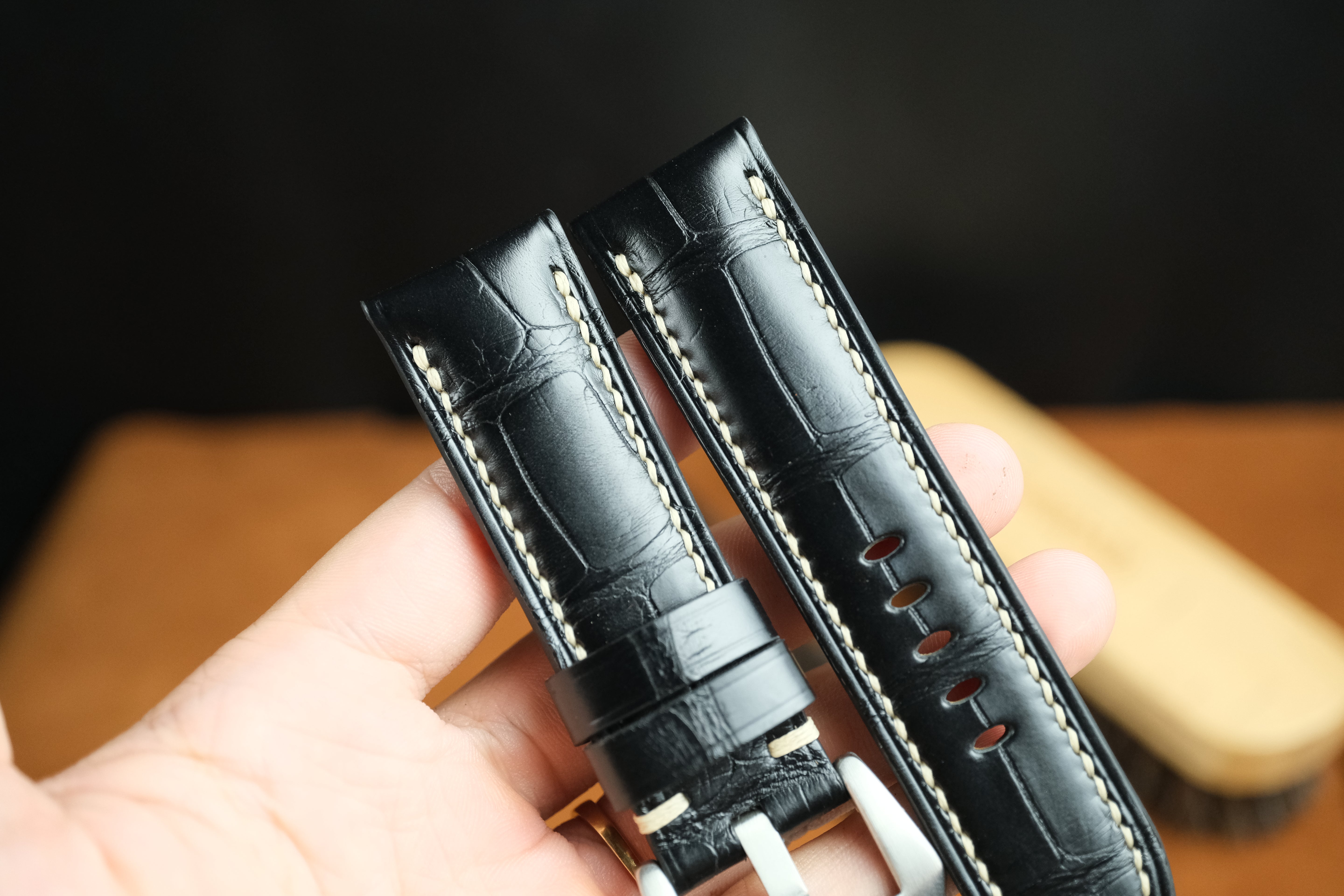 Panerai Watch Strap, Handmade Genuine Alligator Black Leather