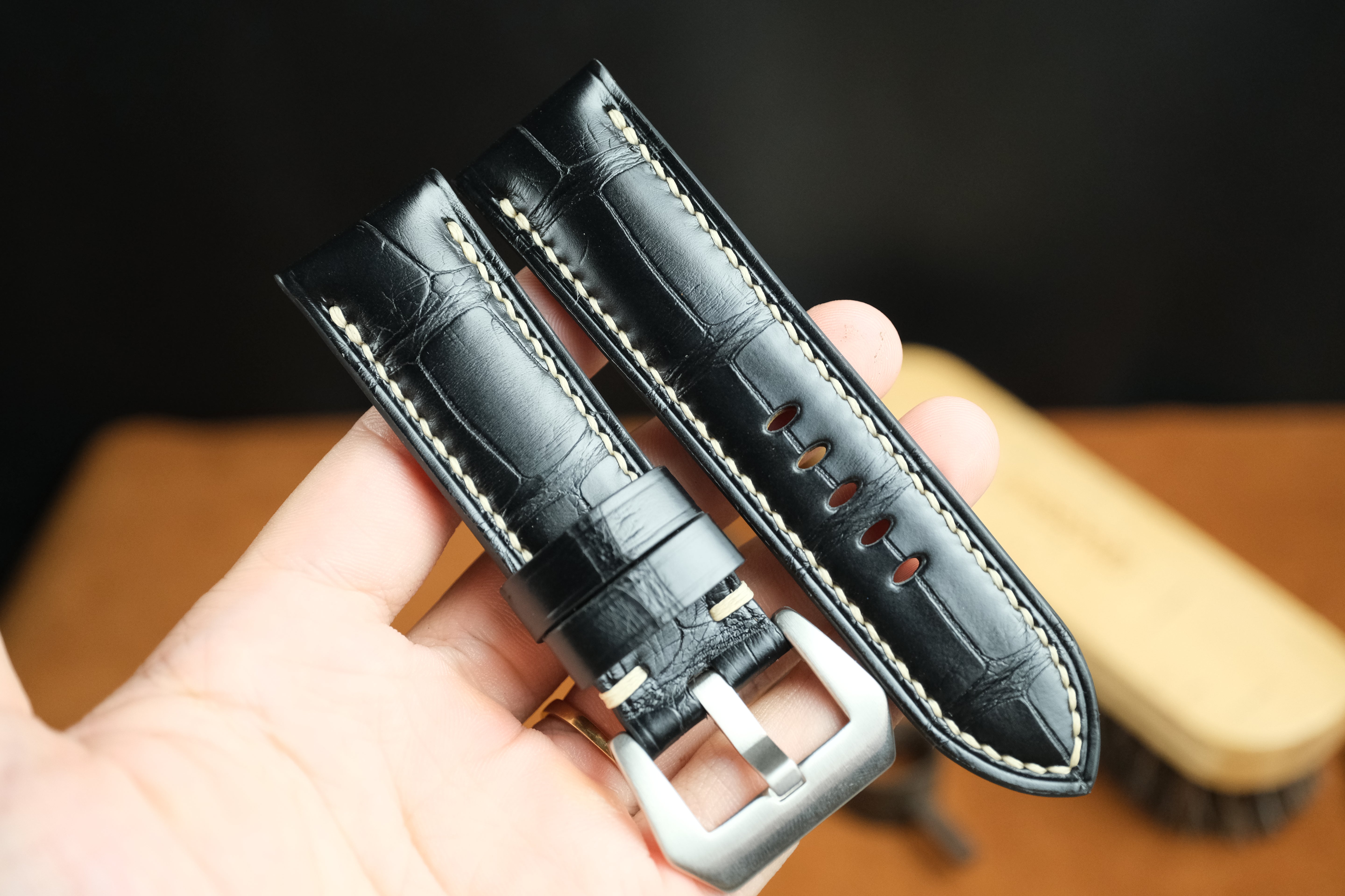 Panerai Watch Strap, Handmade Genuine Alligator Black Leather