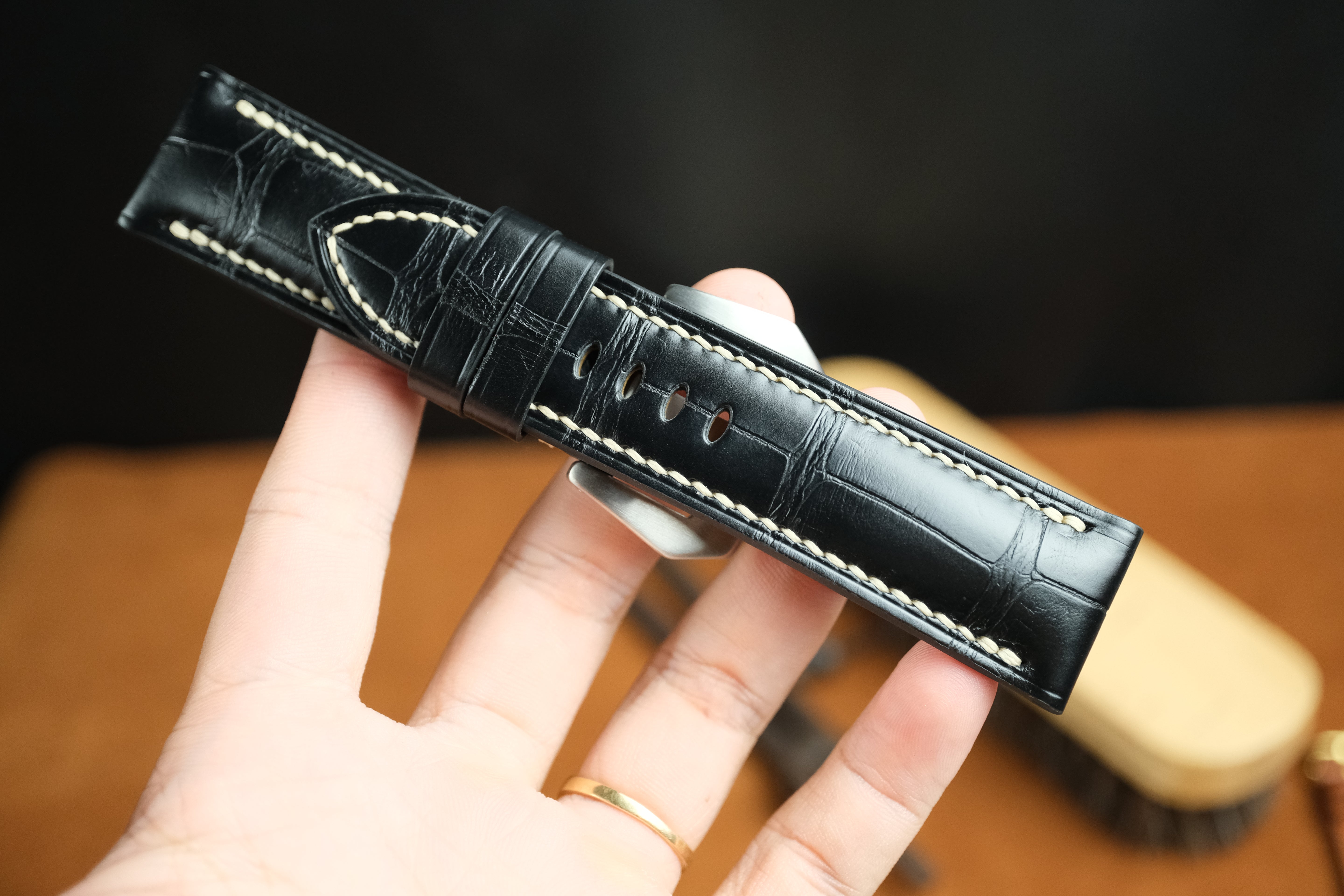 Panerai Watch Strap, Handmade Genuine Alligator Black Leather