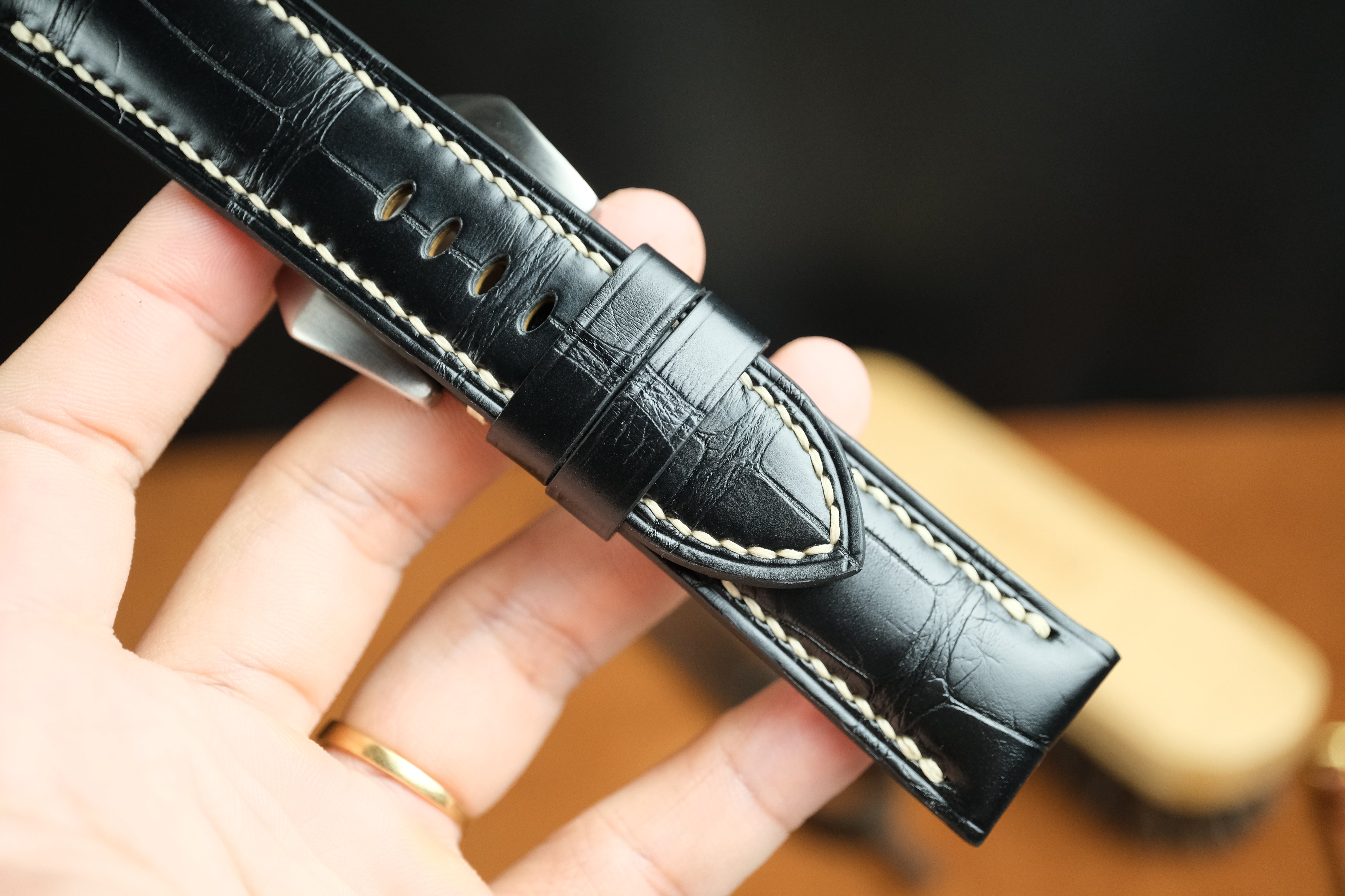 Panerai Watch Strap, Handmade Genuine Alligator Black Leather