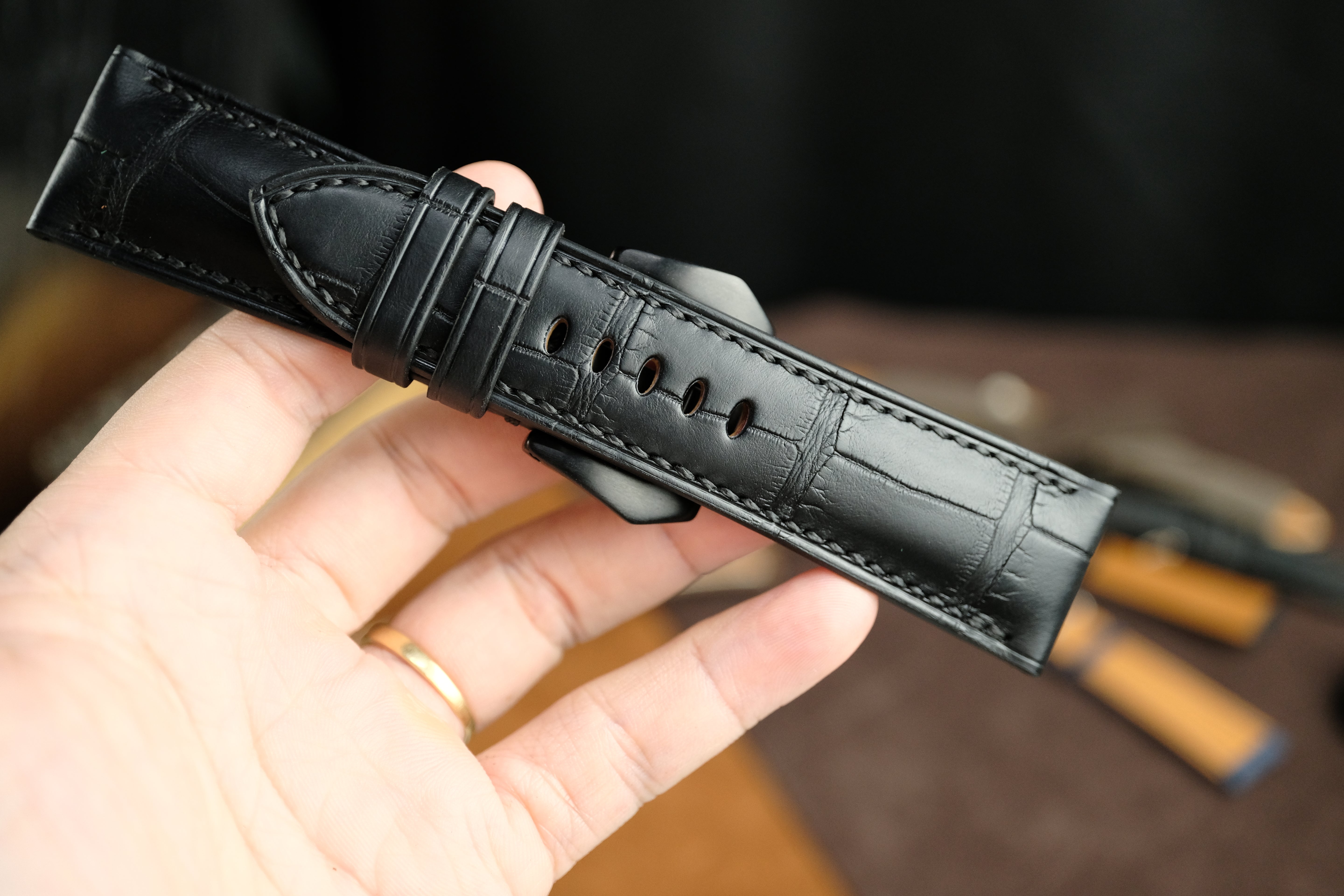 Black Alligator Leather Panerai Watch Strap, Hanmade Leather Band