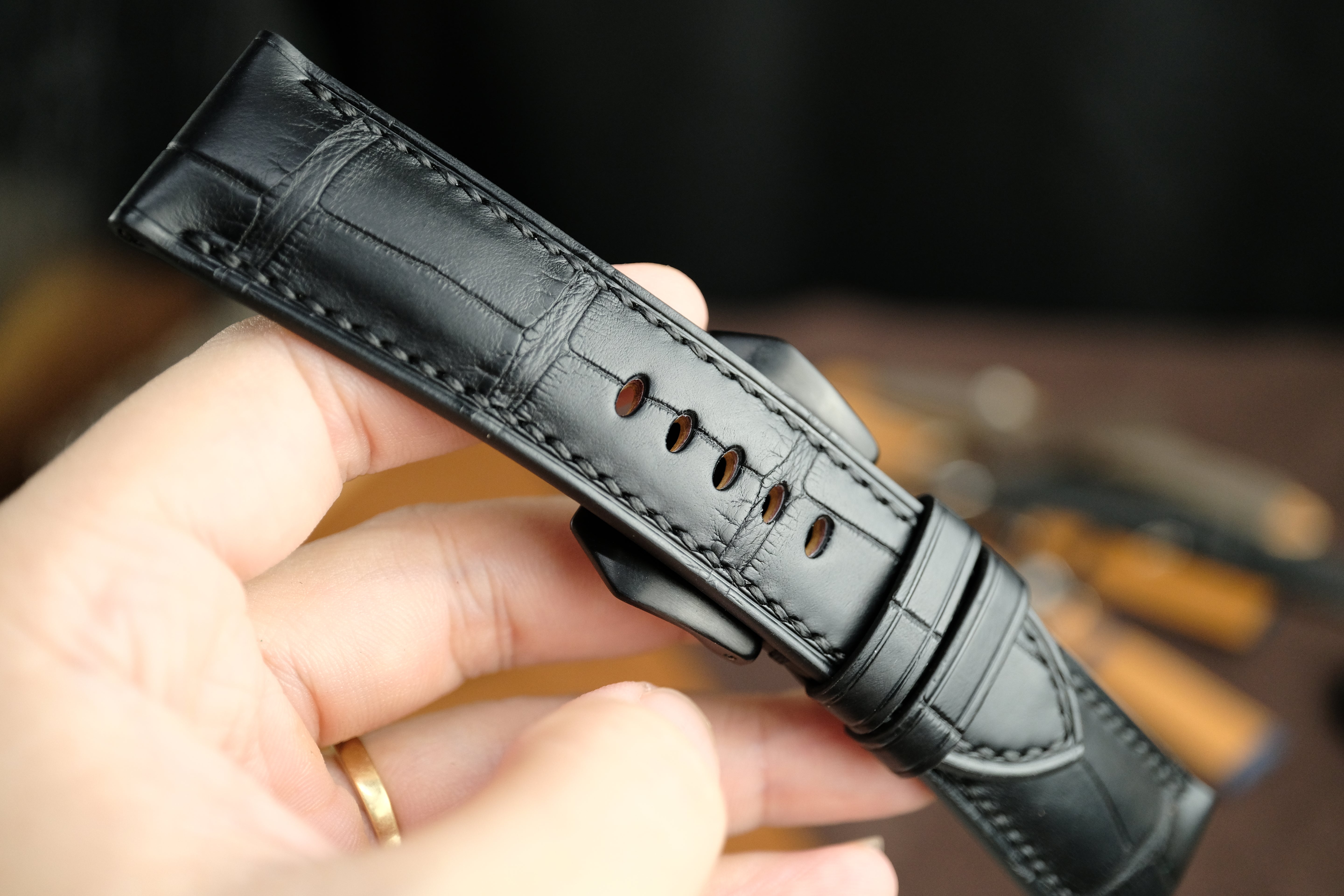Black Alligator Leather Panerai Watch Strap, Hanmade Leather Band