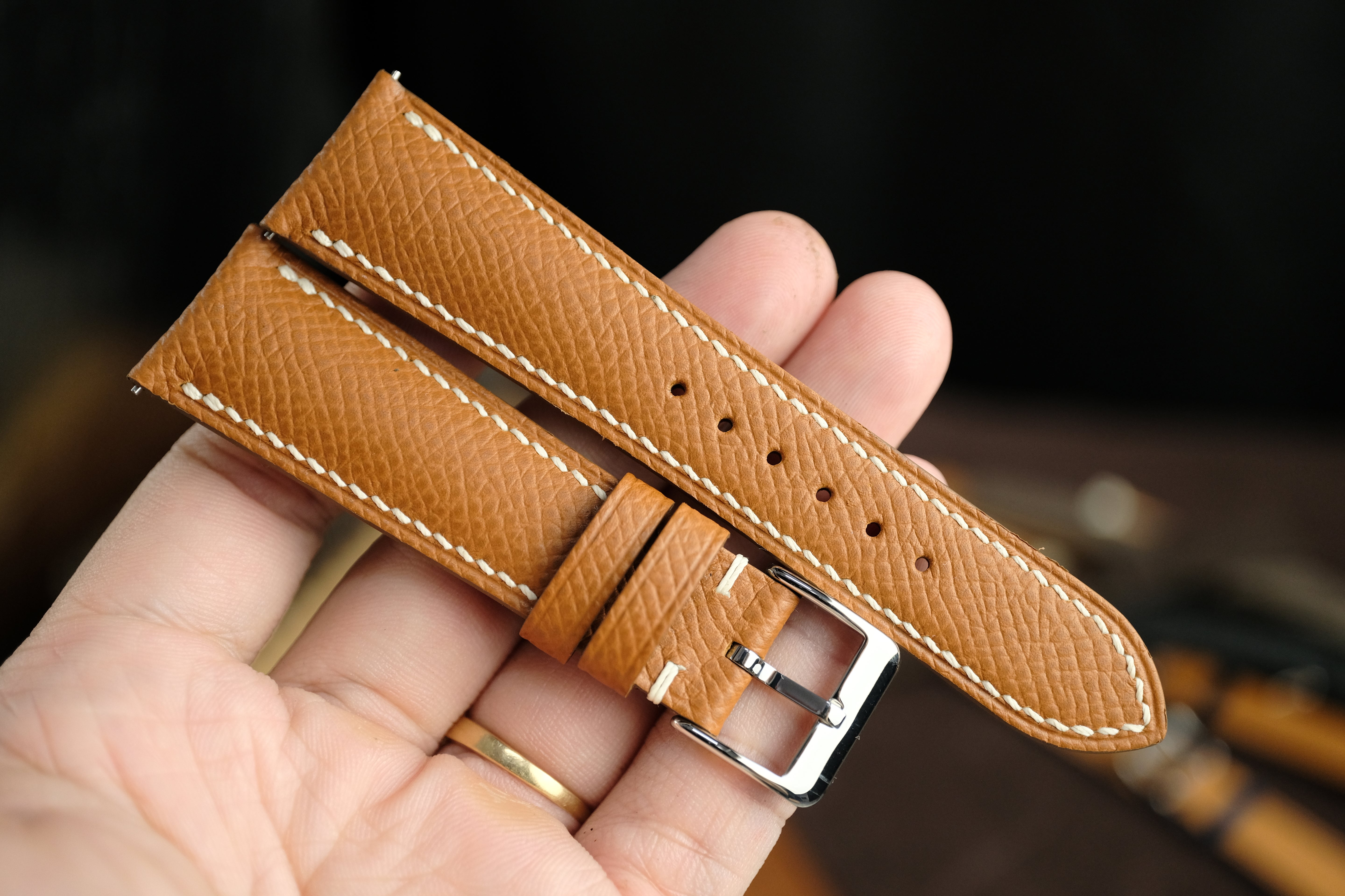 Gold Brown Epsom Curved Leather Handmade Watch Strap