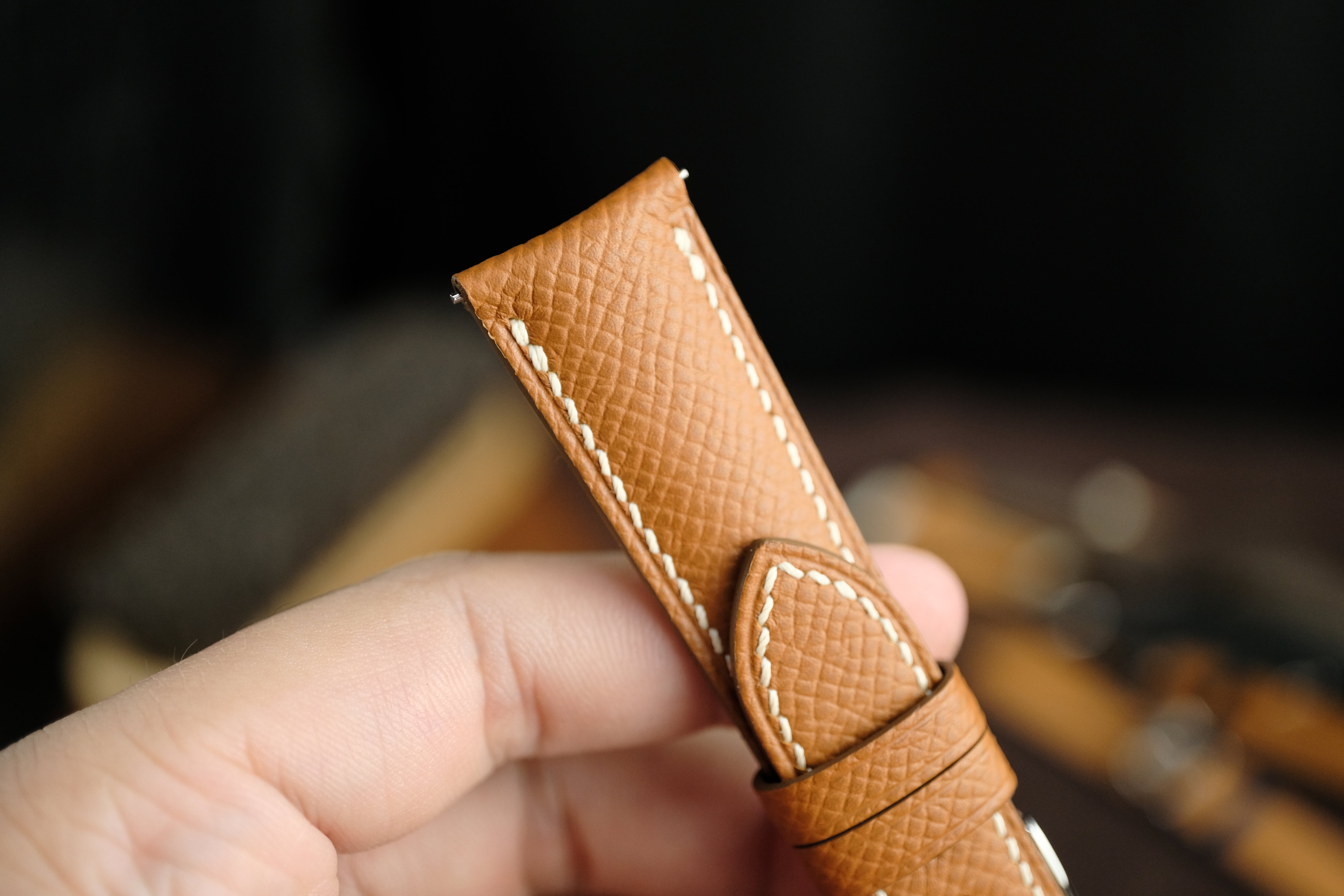 Gold Brown Epsom Curved Leather Handmade Watch Strap