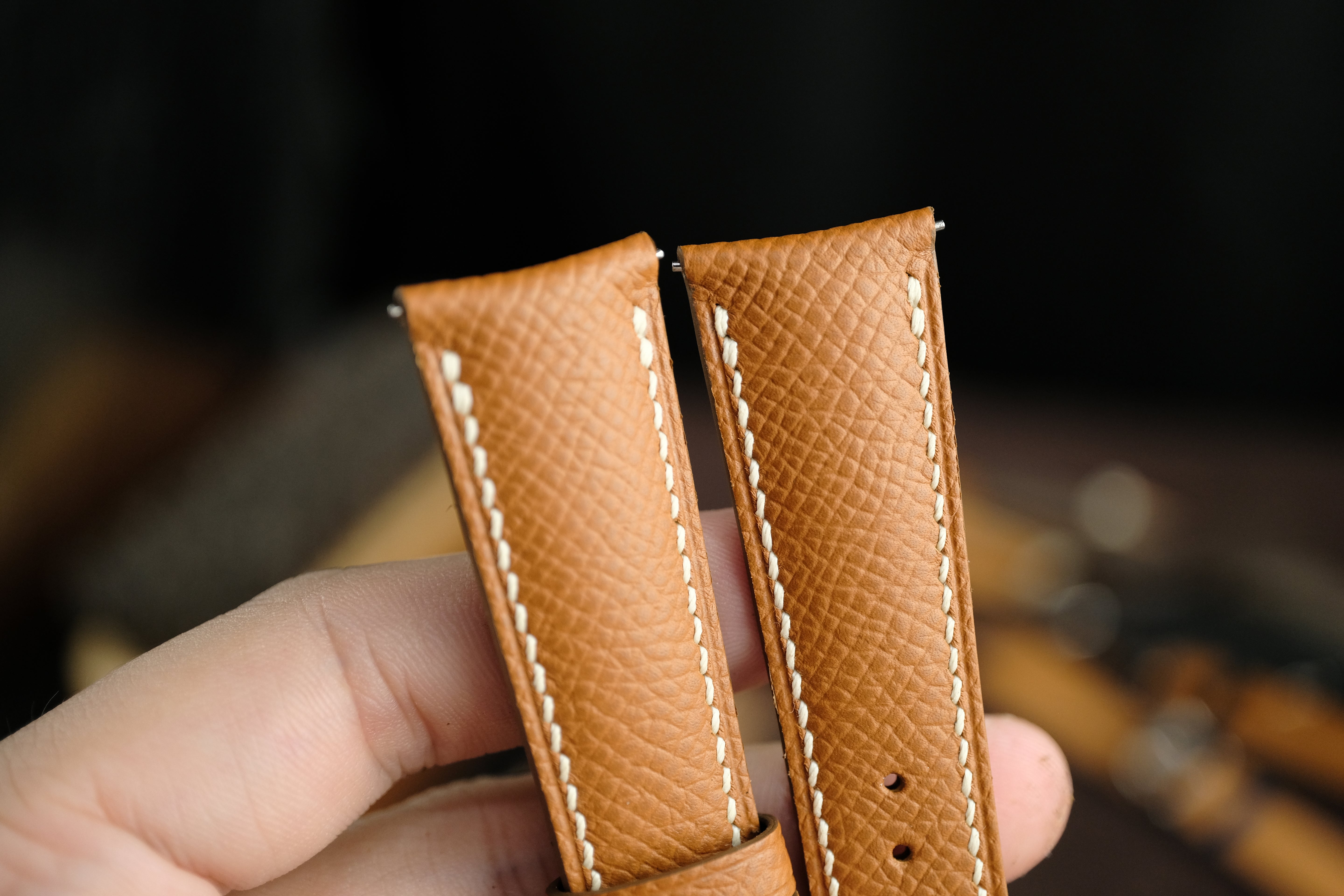 Gold Brown Epsom Curved Leather Handmade Watch Strap