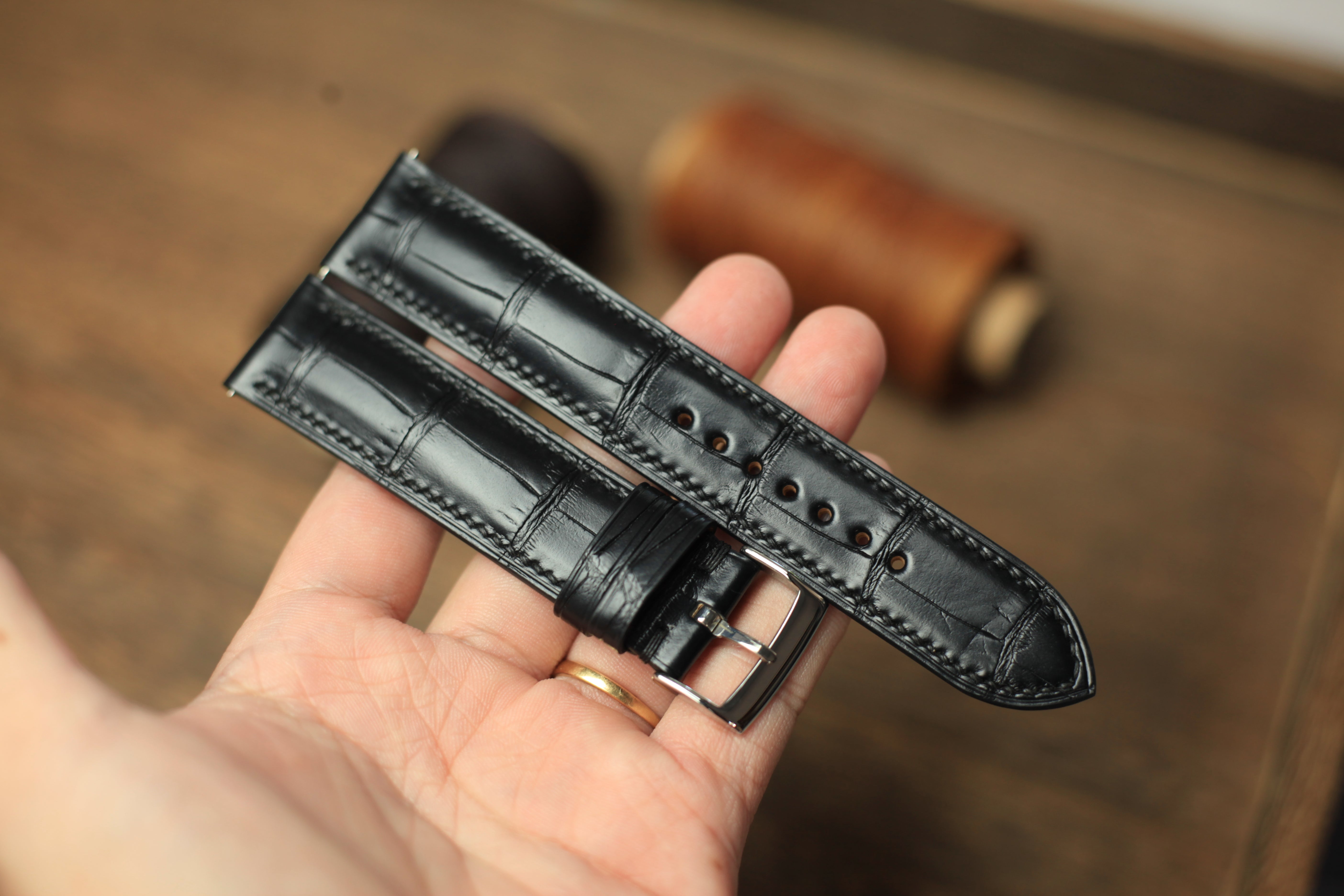 Genuine Matte Black Alligator Leather, Handmade Watch Strap