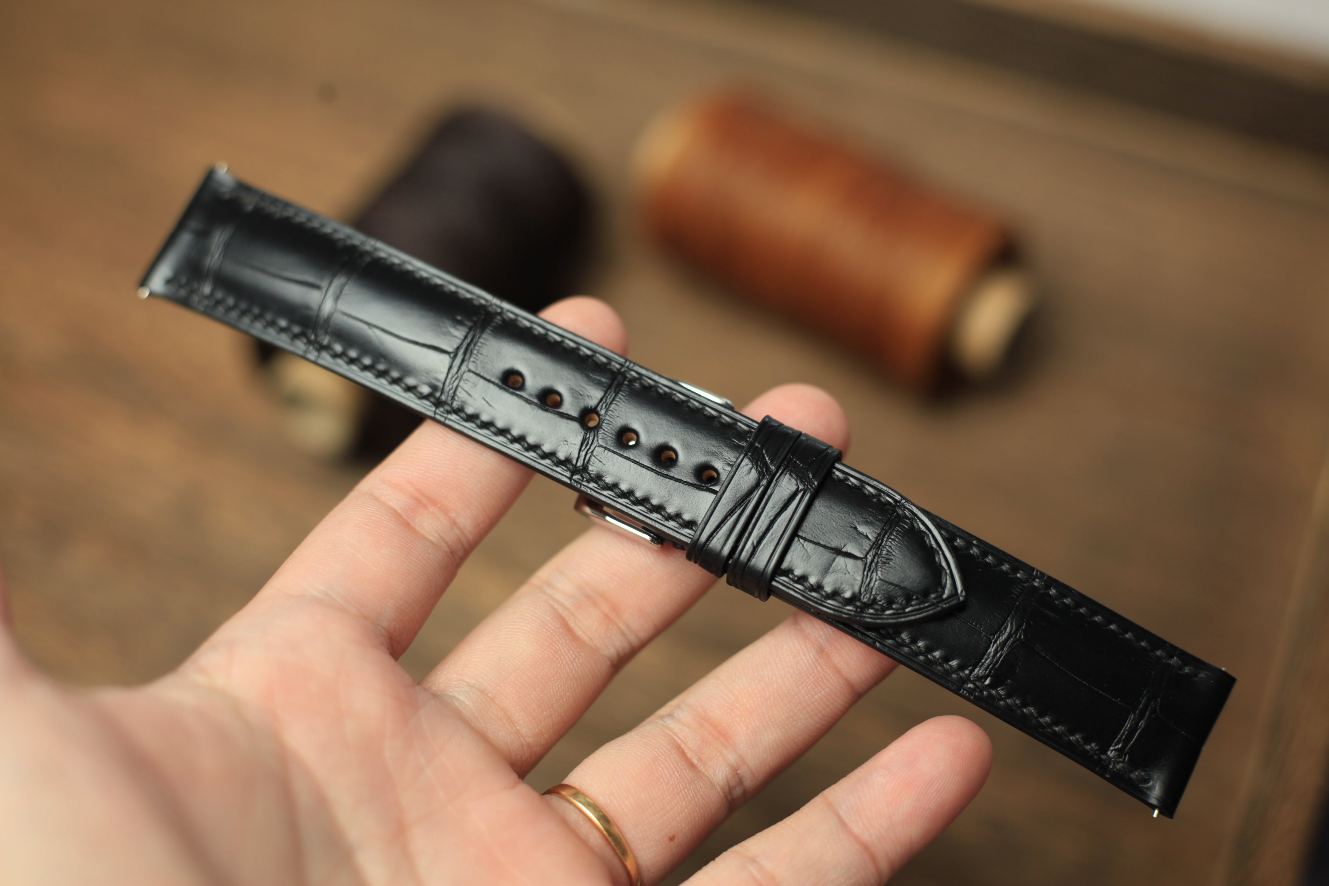 Genuine Matte Black Alligator Leather, Handmade Watch Strap