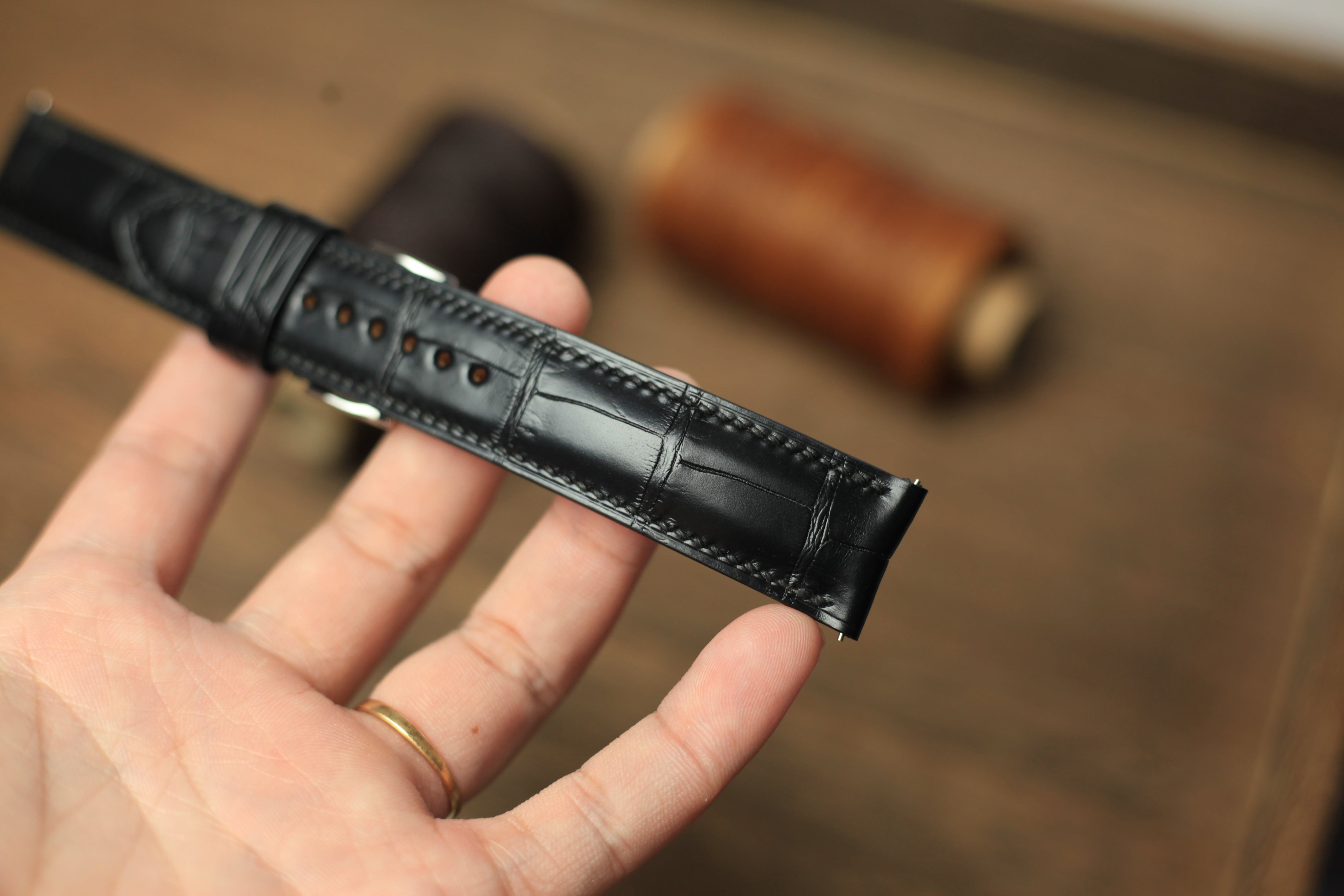 Genuine Matte Black Alligator Leather, Handmade Watch Strap