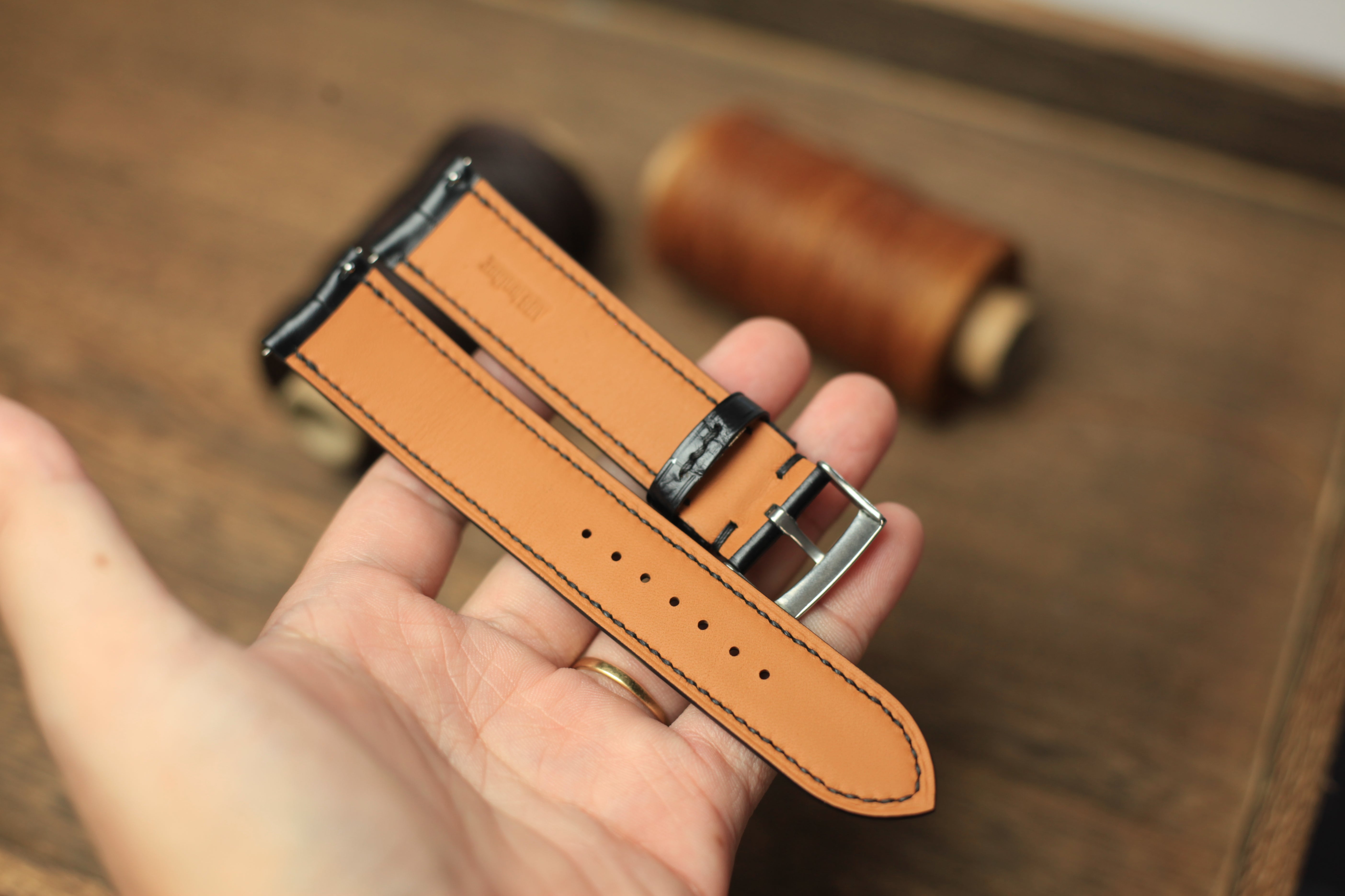 Genuine Matte Black Alligator Leather, Handmade Watch Strap