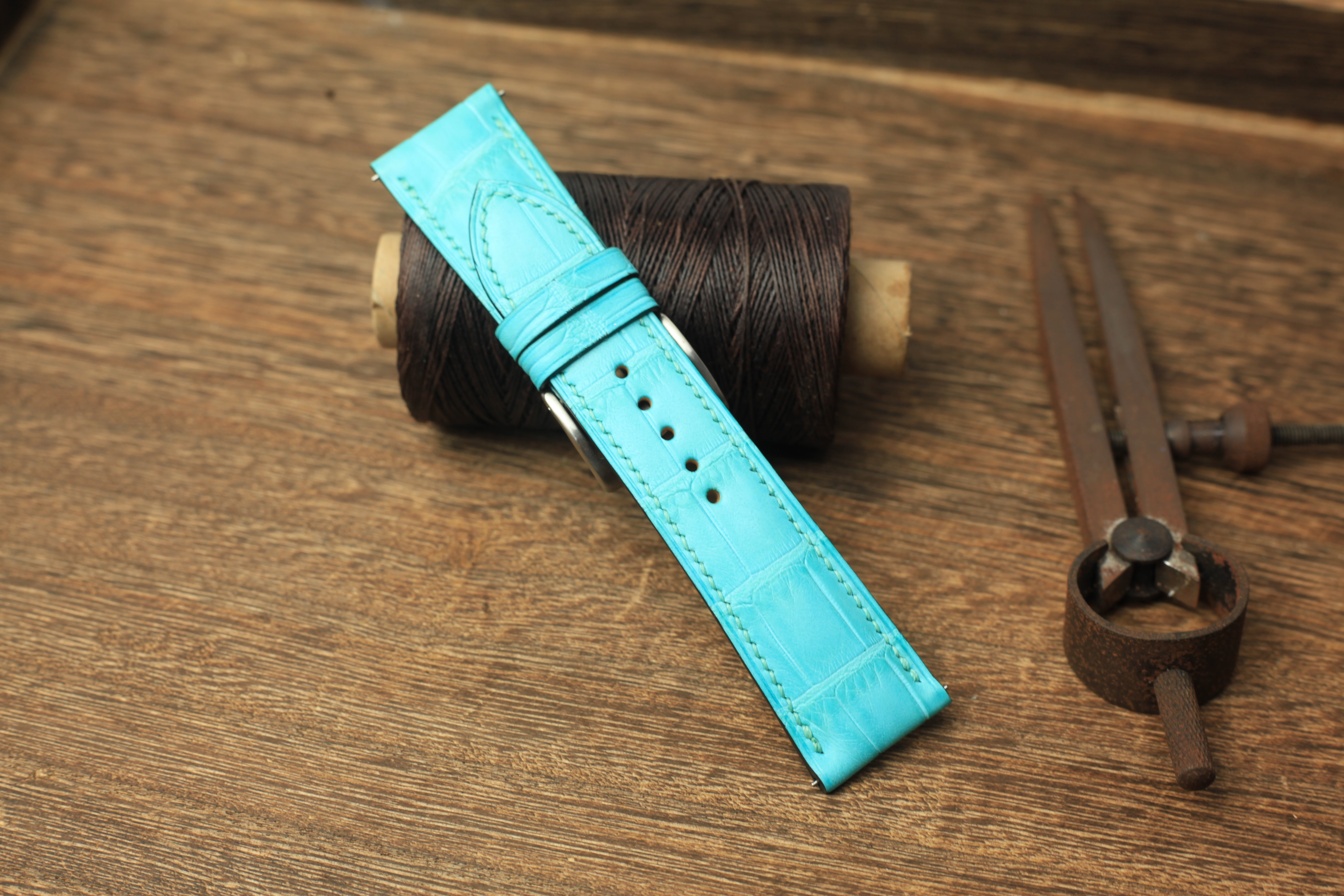 Panerai Watch Strap, Handmade Genuine Aqua Blue Alligator Leather