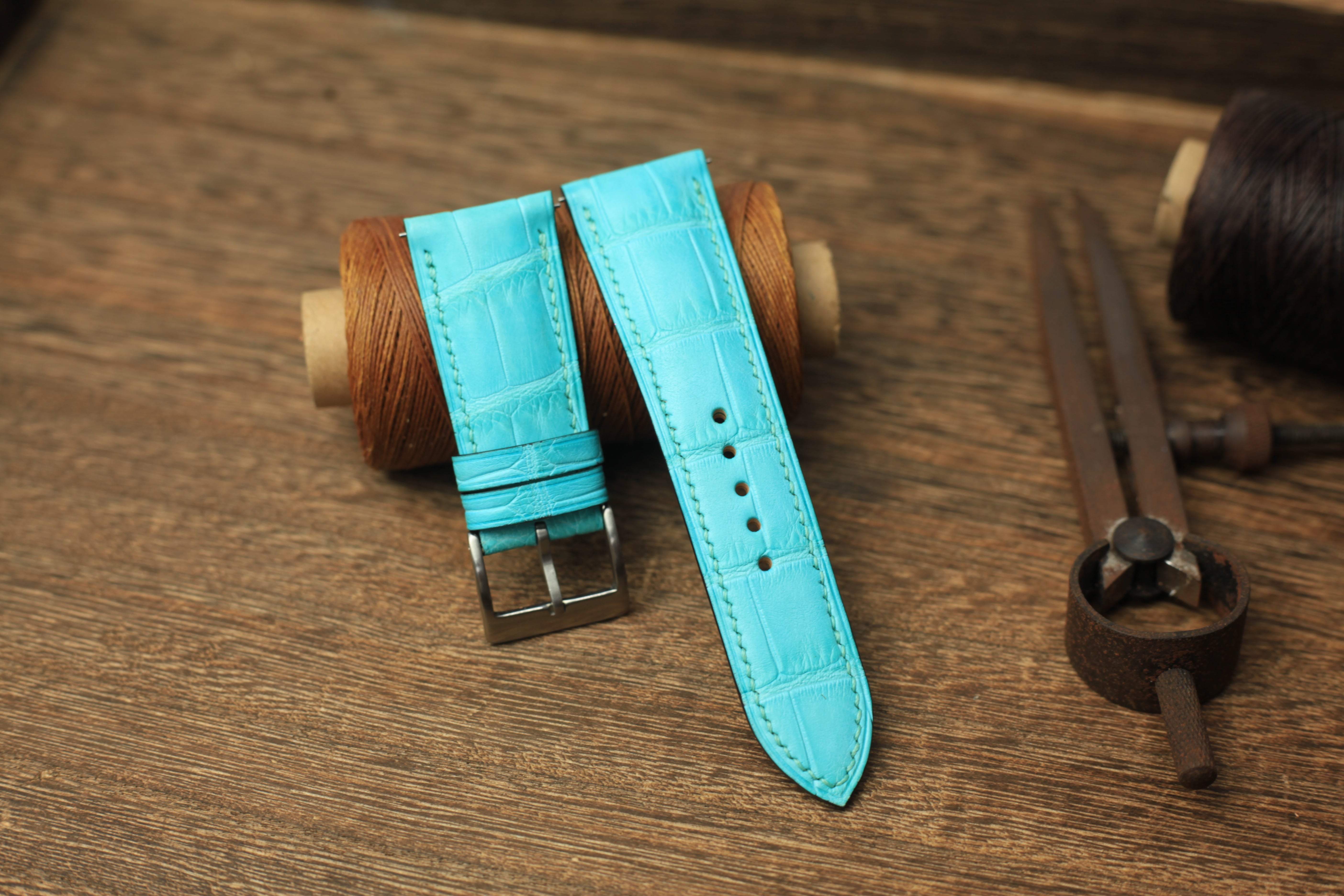 Panerai Watch Strap, Handmade Genuine Aqua Blue Alligator Leather