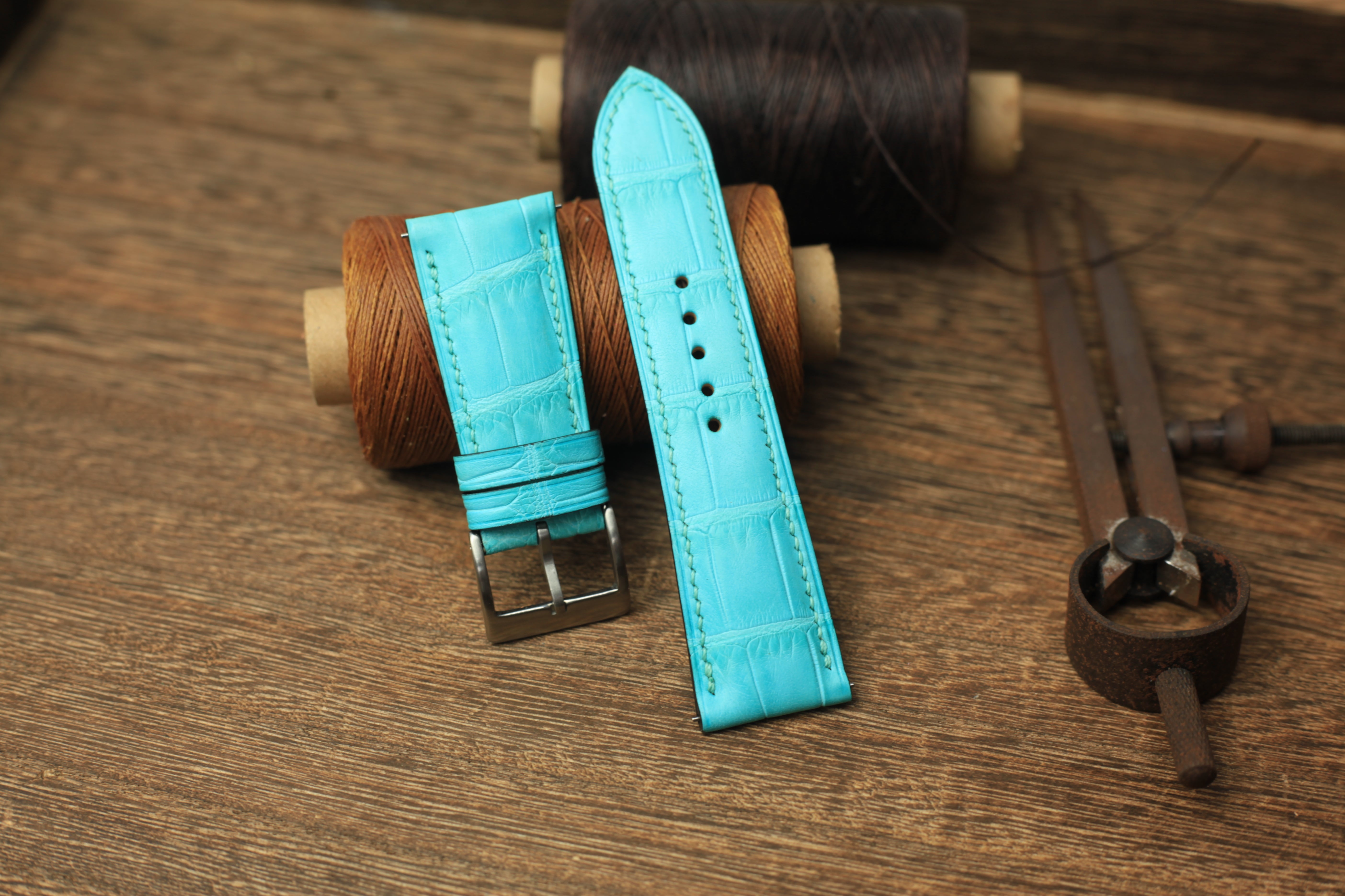 Panerai Watch Strap, Handmade Genuine Aqua Blue Alligator Leather