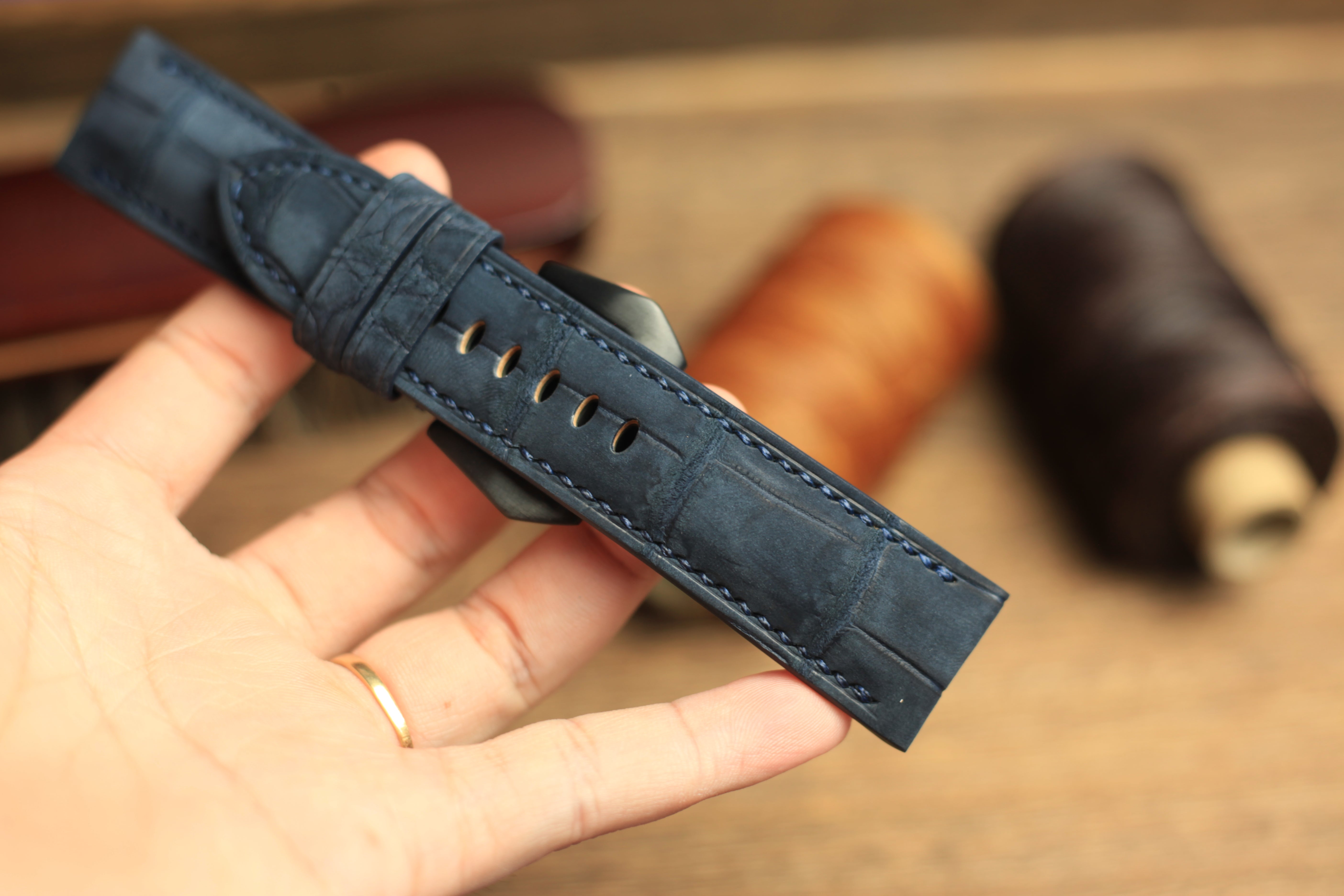 Panerai Watch Strap, Genuine Nubuck Darkblue Alligator Leather