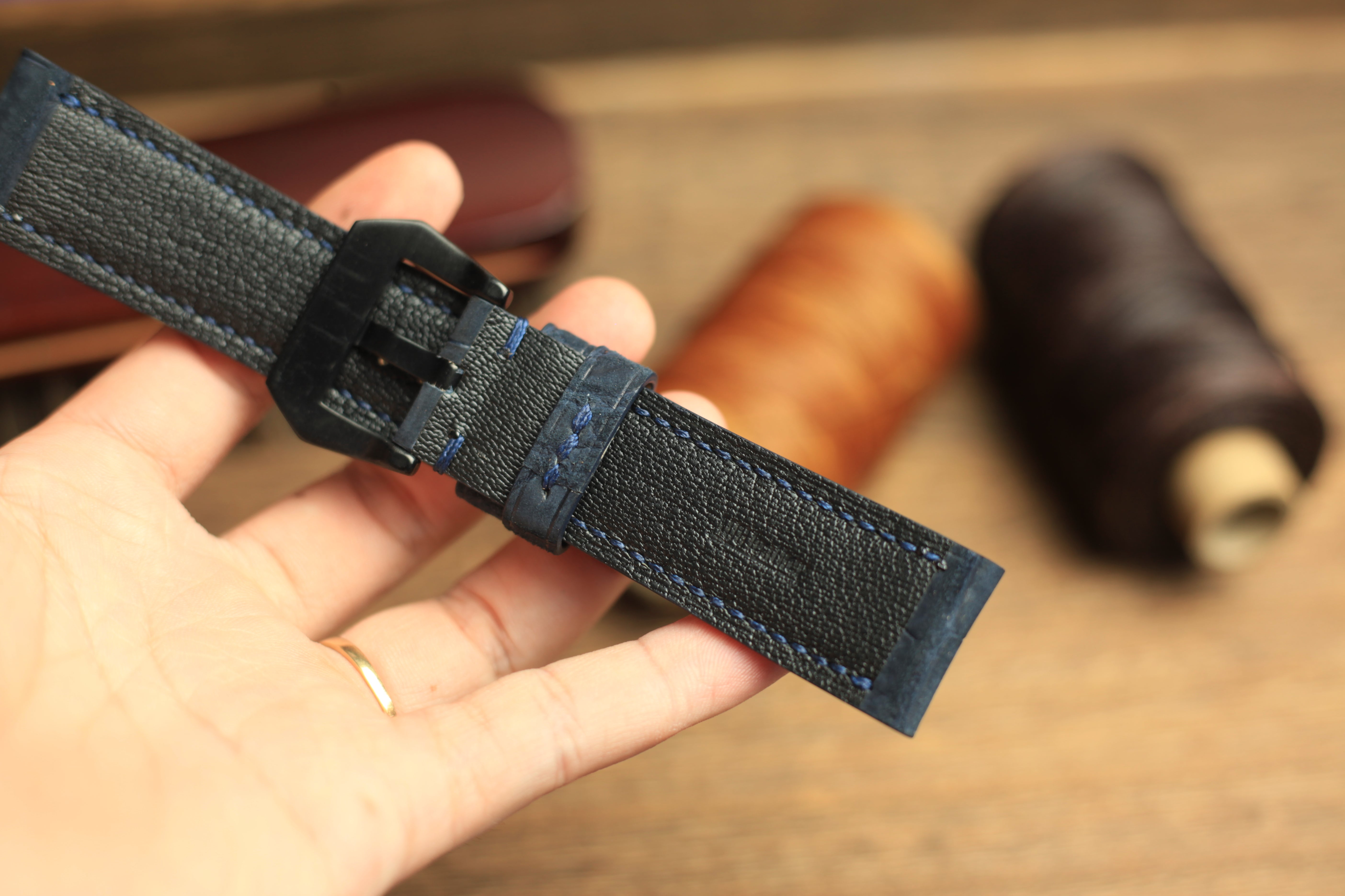 Panerai Watch Strap, Genuine Nubuck Darkblue Alligator Leather