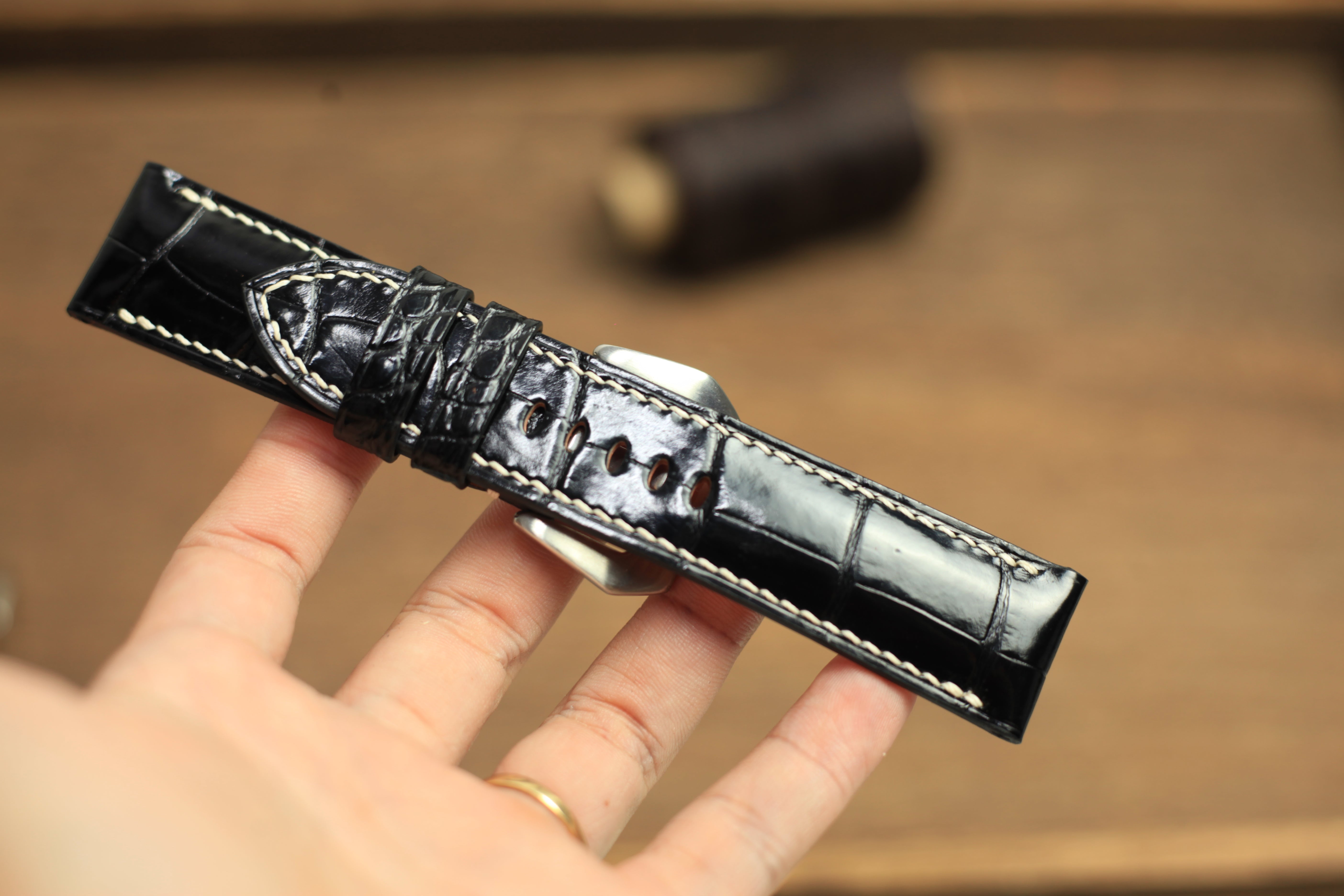 Panerai Watch Strap, Handmade Genuine Glossy Black Alligator Leather