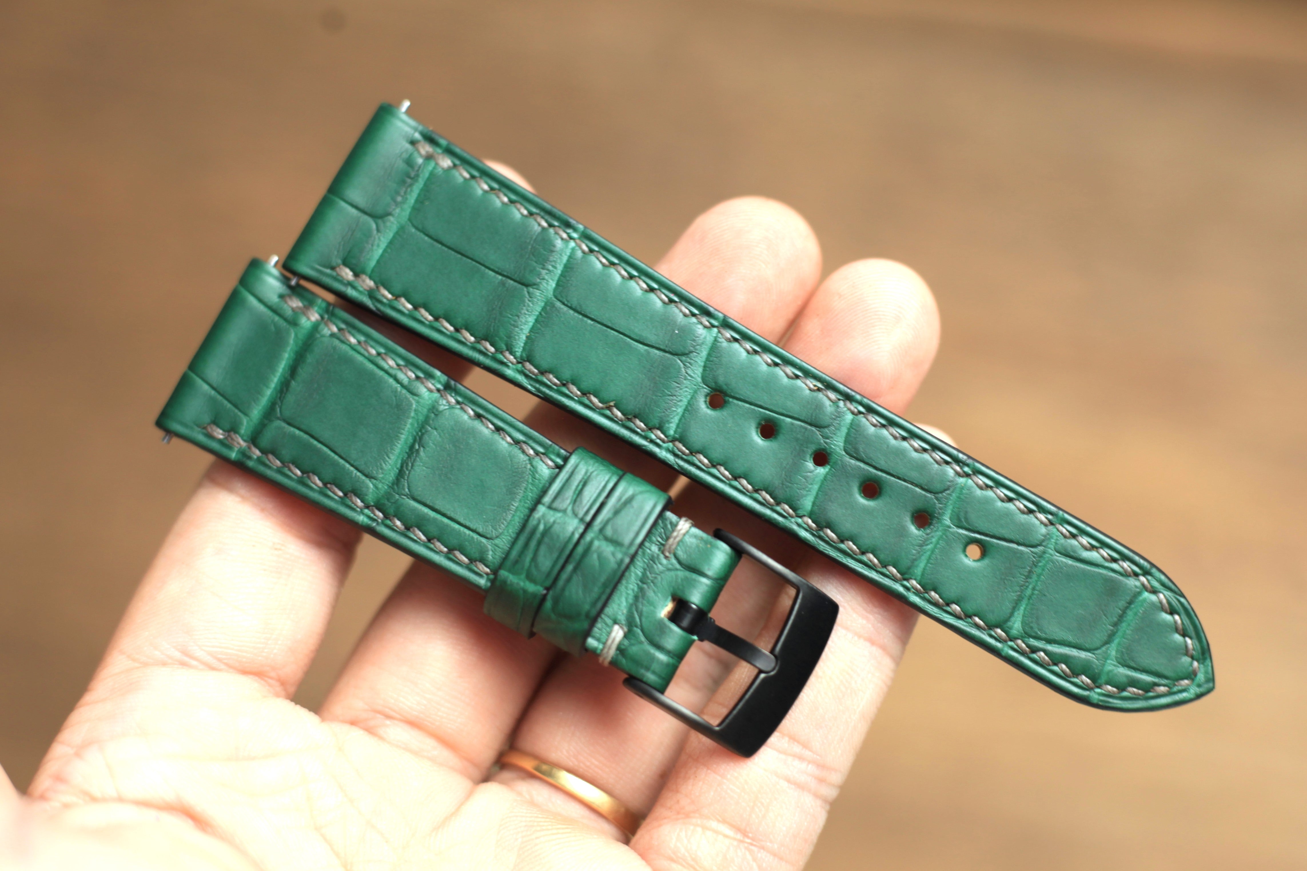 Genuine Matte Green Alligator Leather, Handmade Watch Strap