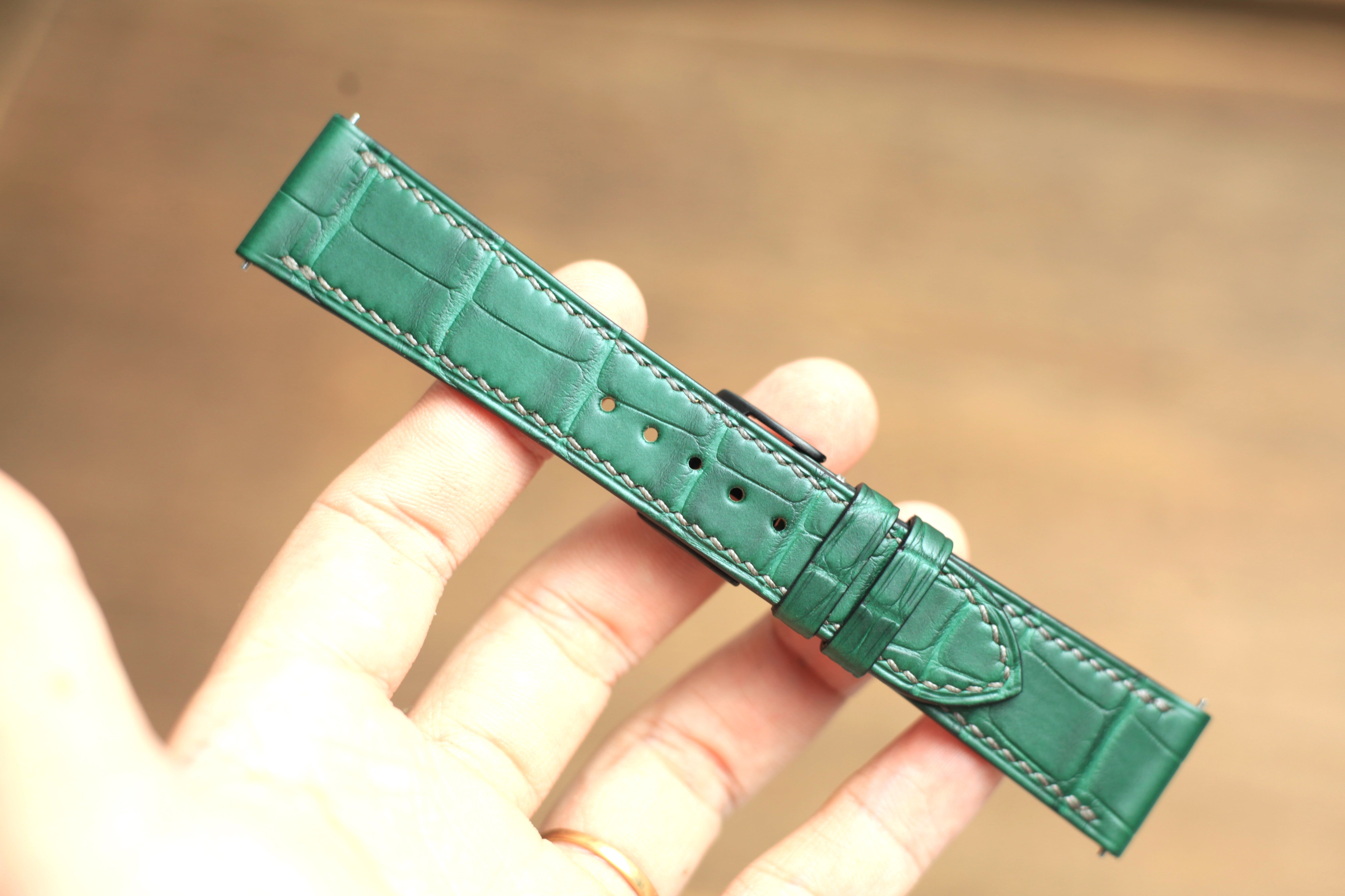 Genuine Matte Green Alligator Leather, Handmade Watch Strap
