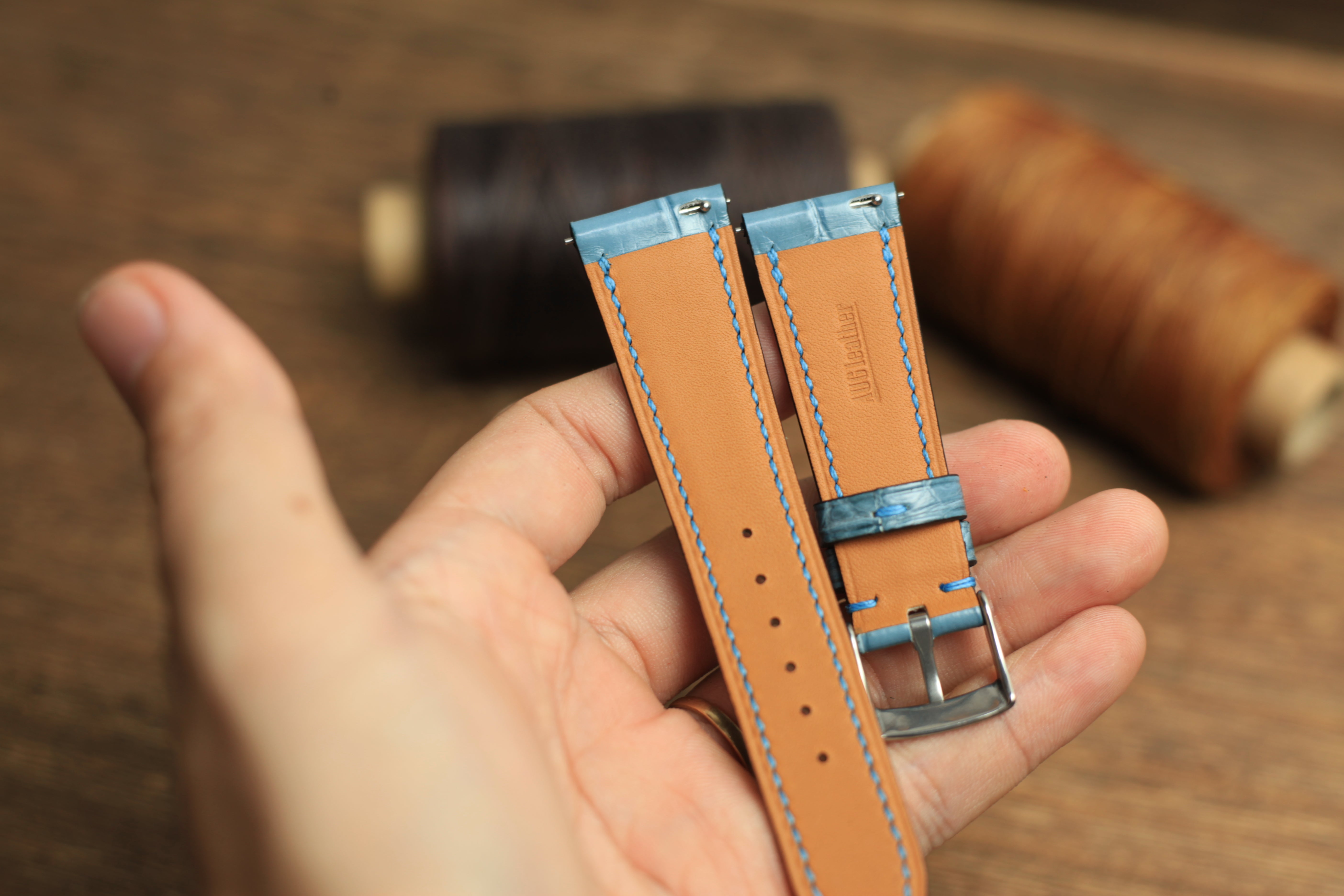 Genuine Aqua Blue Alligator Leather, Handmade Watch Strap