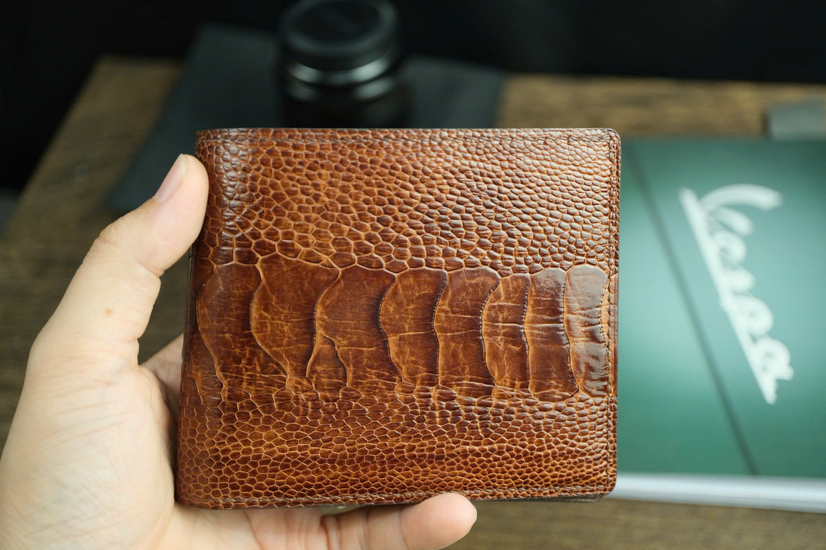 Chestnut Brown Ostrich Leather Biflod Wallet.